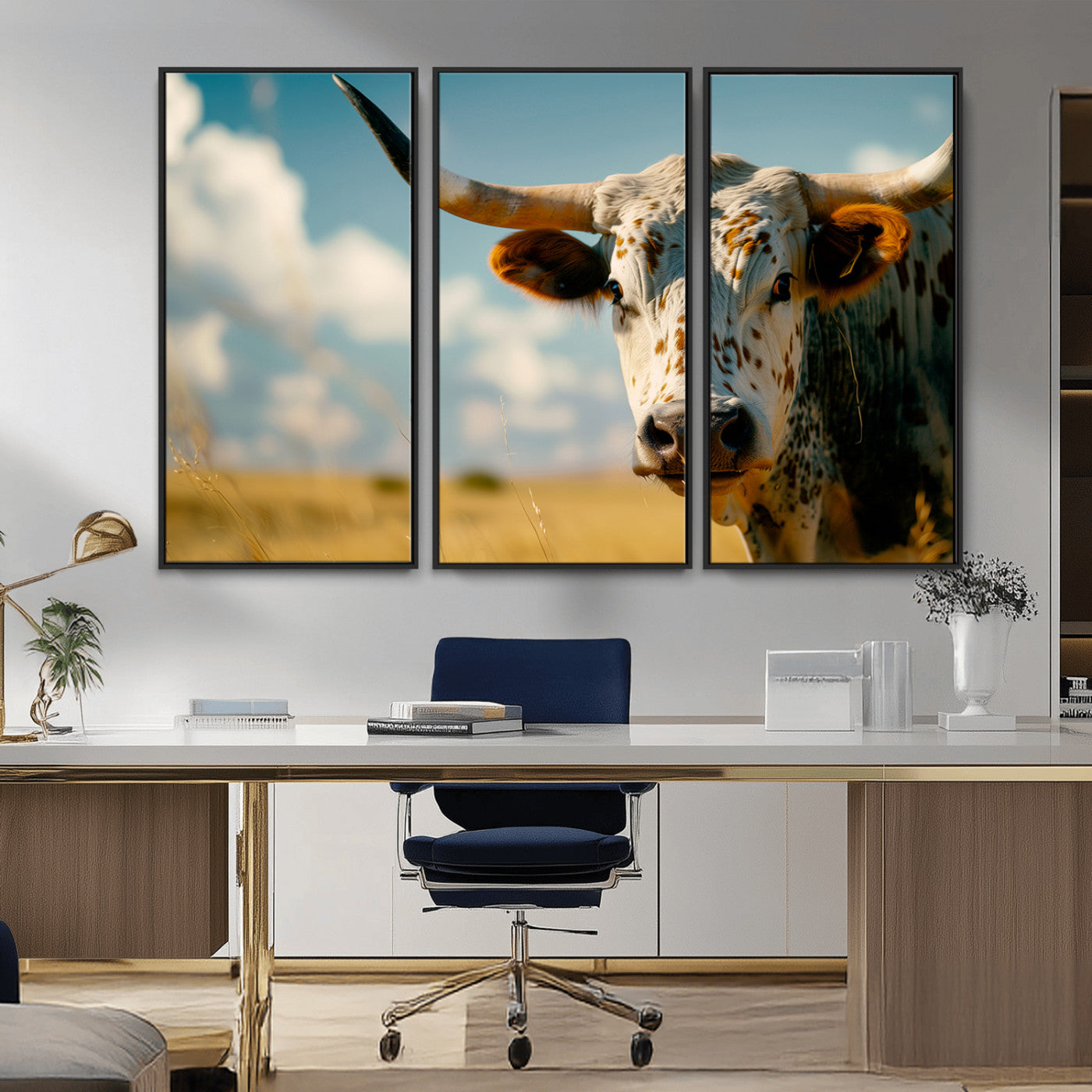 MGV-FC-48X32-3P - Longhorn in the Prairie - Stunning Ranch-Style Triptych Wall Art for Western Home Decor, Cowboy Wall