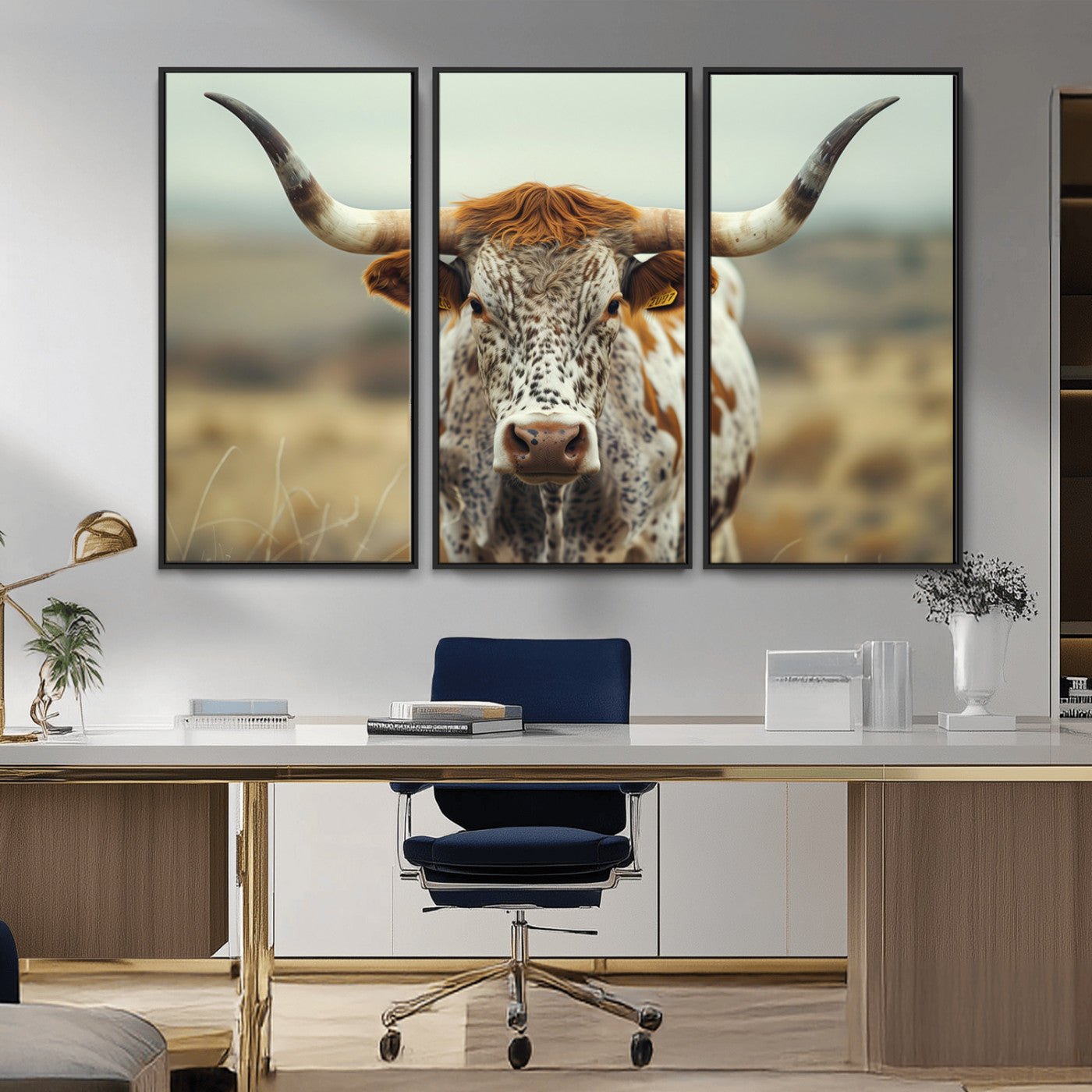MGV-FC-48X32-3P - Texas Cow Longhorn Wall Art Canvas Print for Farm House Wall Decor, Farmhouse Wall Art Print