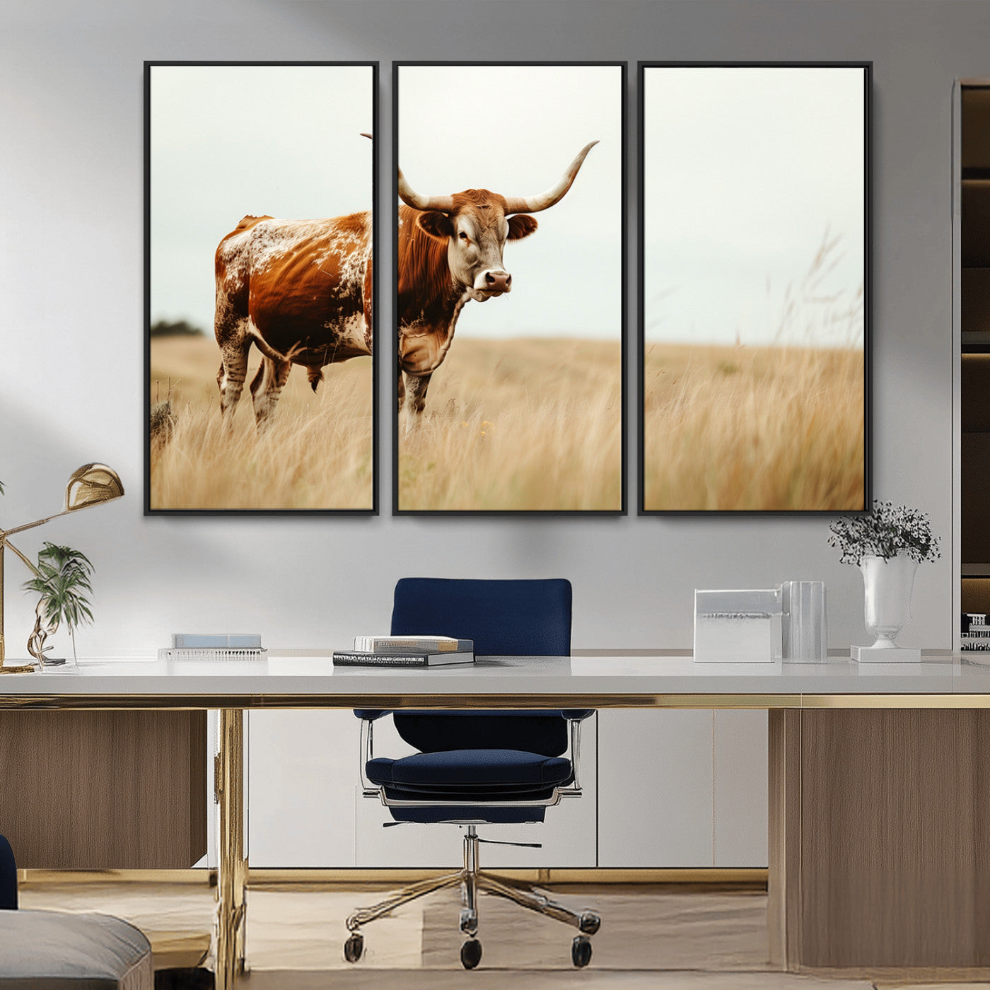 MGV-FC-48X32-3P - Texas Longhorn Canvas Wall Art Print – Majestic Western Cattle in Rustic Farmhouse Decor – Cow Wall