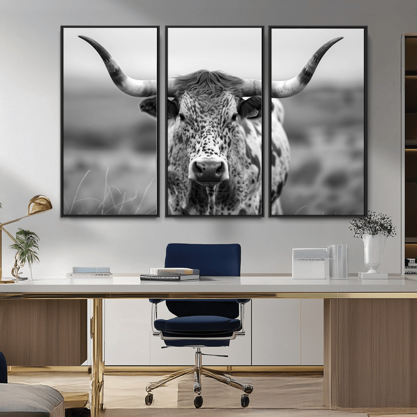 MGV-FC-48X32-3P - Texas Cow Longhorn Wall Art Canvas Print for Farm House Wall Decor, Farmhouse Wall Art Print