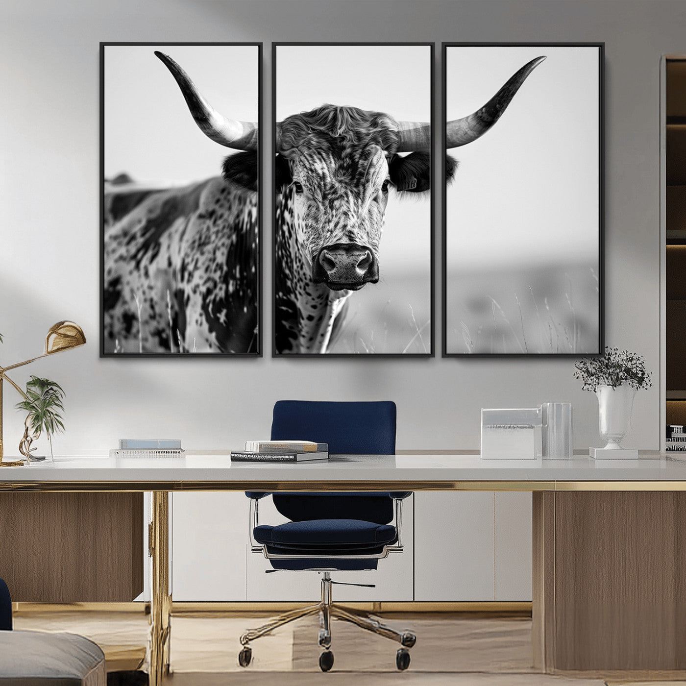 MGV-FC-48X32-3P - Texas Highland Cow Longhorn Canvas Print - Rustic Farmhouse Wall Art - Large Texas Longhorn