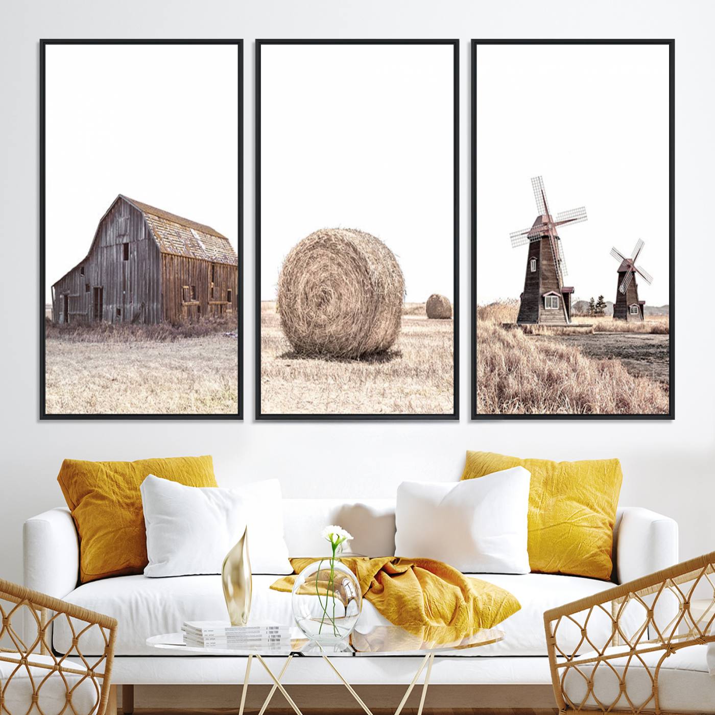 94971-MGV-CV-60X30-3P-Farm Prints Set, Set of 3 Farmhouse Wall Art, Country House Decor