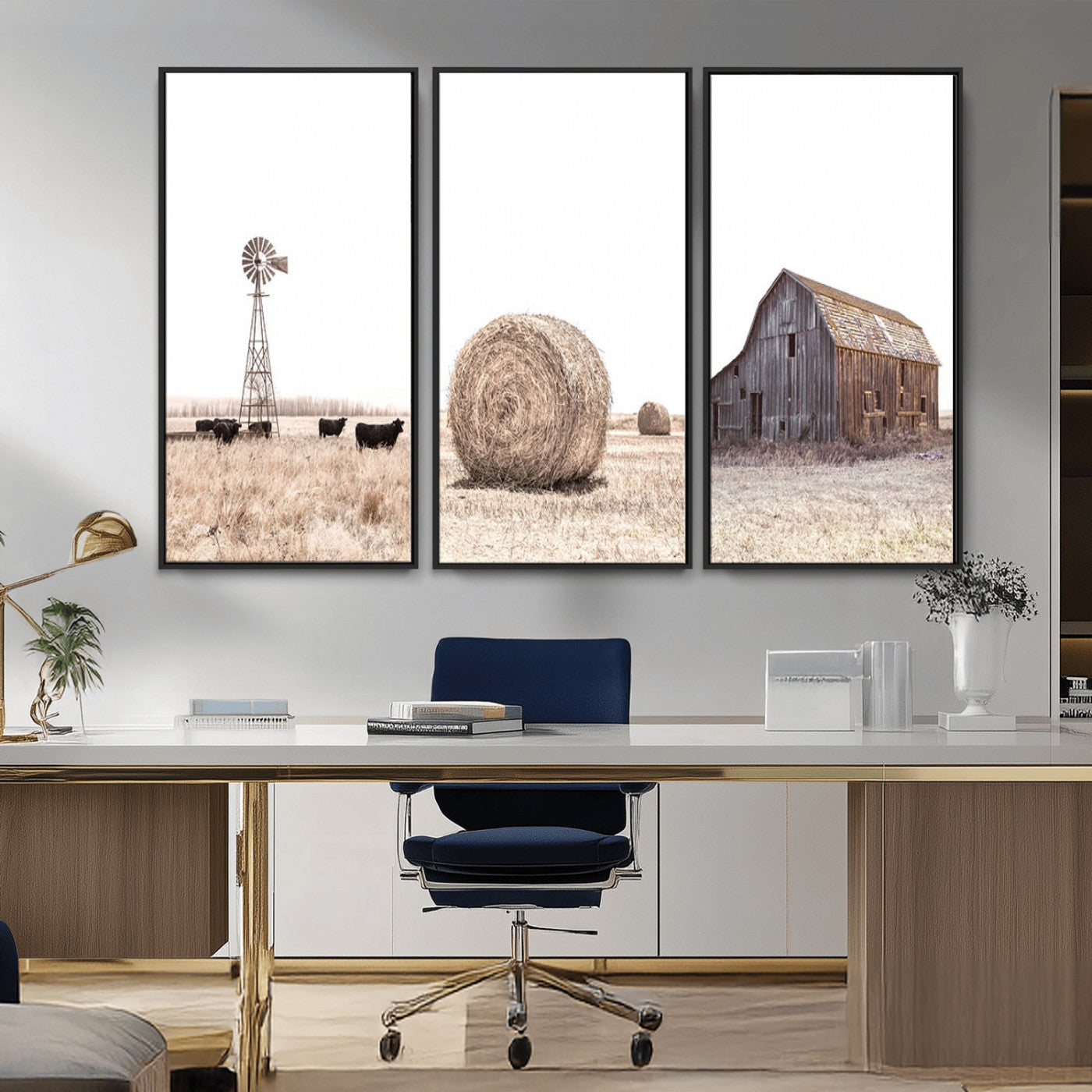 MGV-FC-48X32-3P - Rustic Farmhouse Wall Art Set of 3 – Country Barn and Wheat Field | Farm Prints for Country Home and
