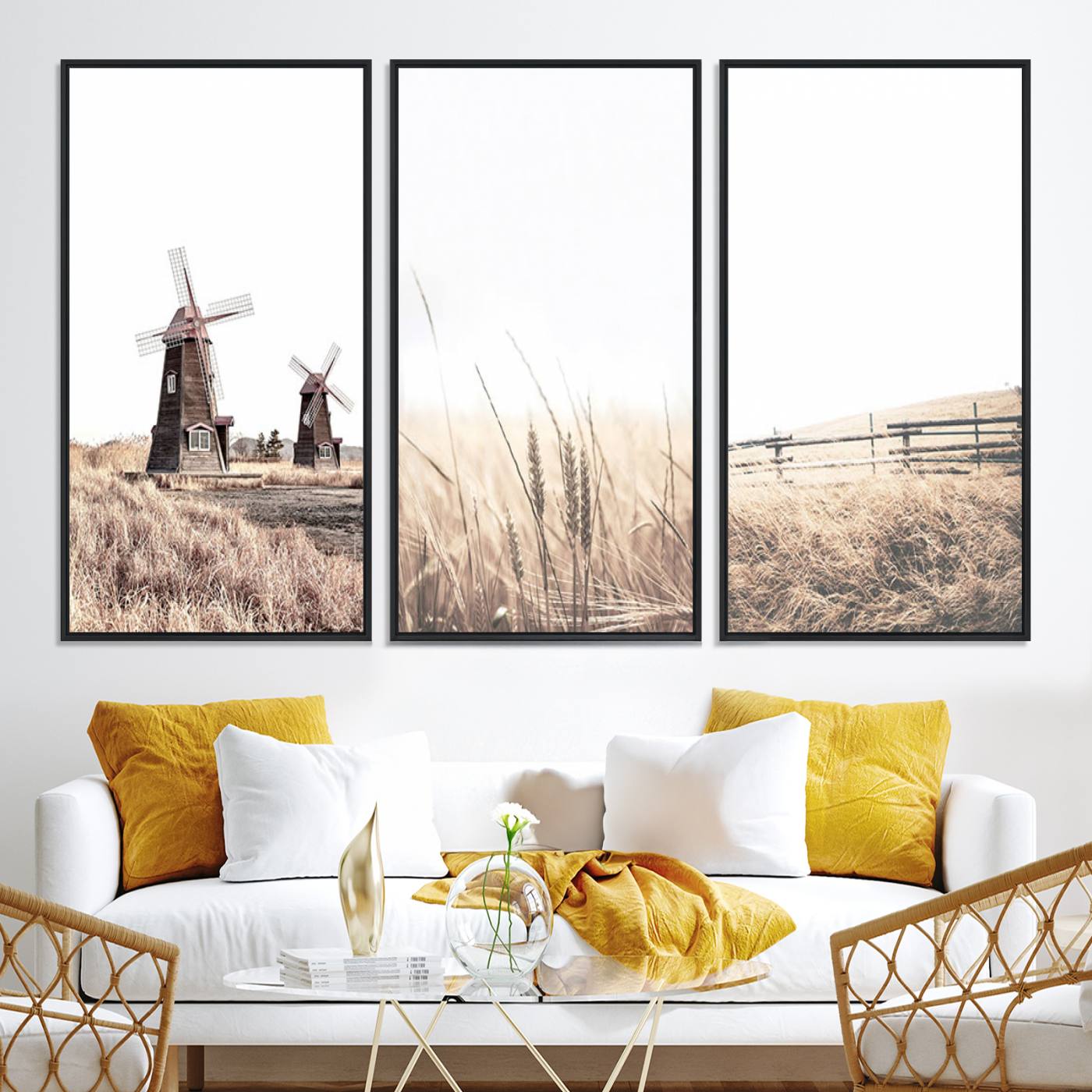 56649-MGV-CV-60X30-3P-Farm Prints Set, Farmhouse Wall Art Canvas, Country House Decor, Country House Decor, Barn Print, Wheat Print