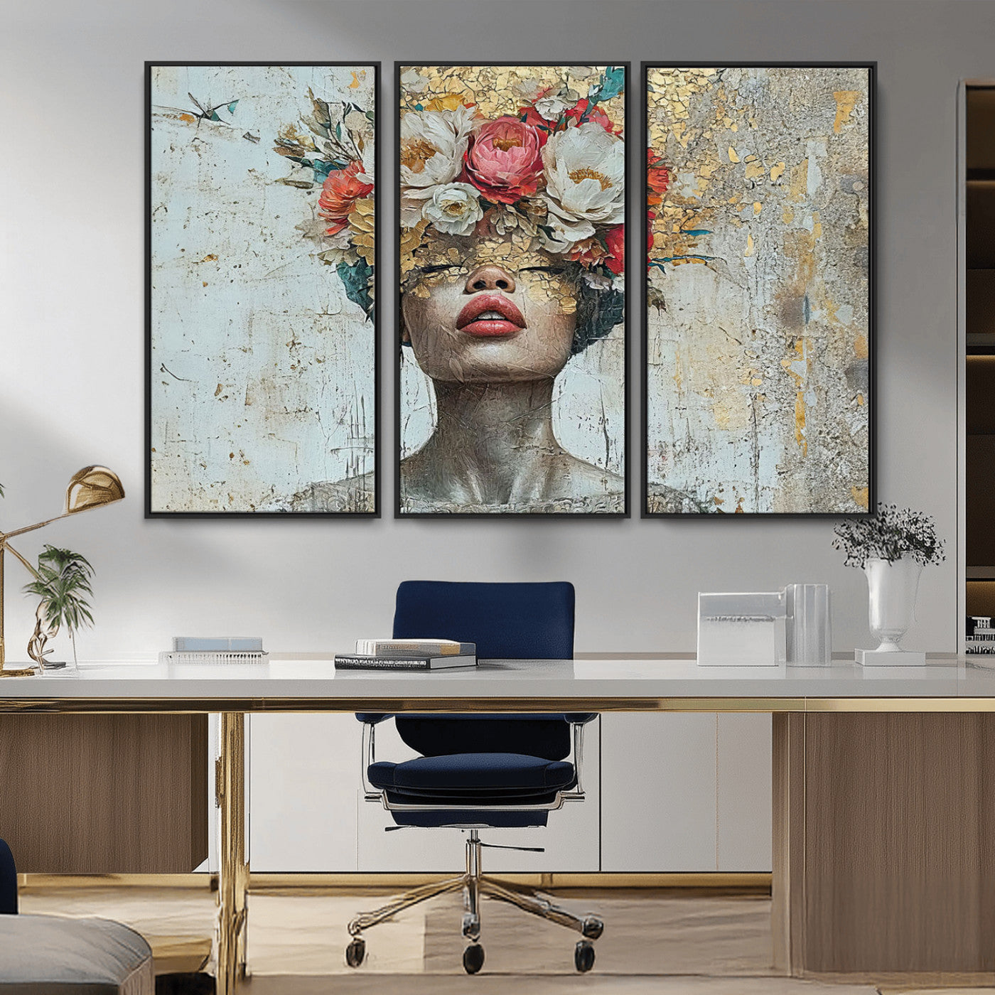MGV-FC-48X32-3P - Golden Petal Wall Art Canvas Print - Silhouette Woman Wall Art Canvas Print, Floral Woman Portrait