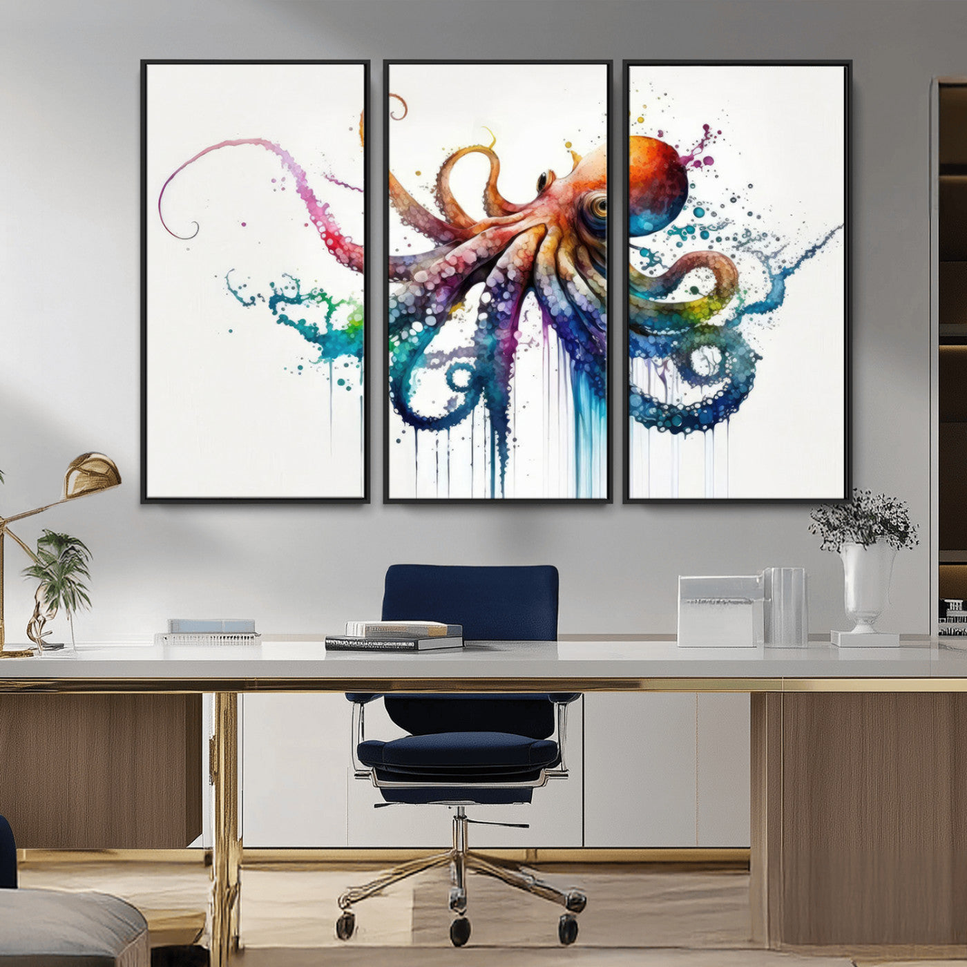MGV-FC-48X32-3P - Watercolor Vibrant Octopus Wall Art Canvas Print | Abstract Sea Life Art | Colorful Marine Creature