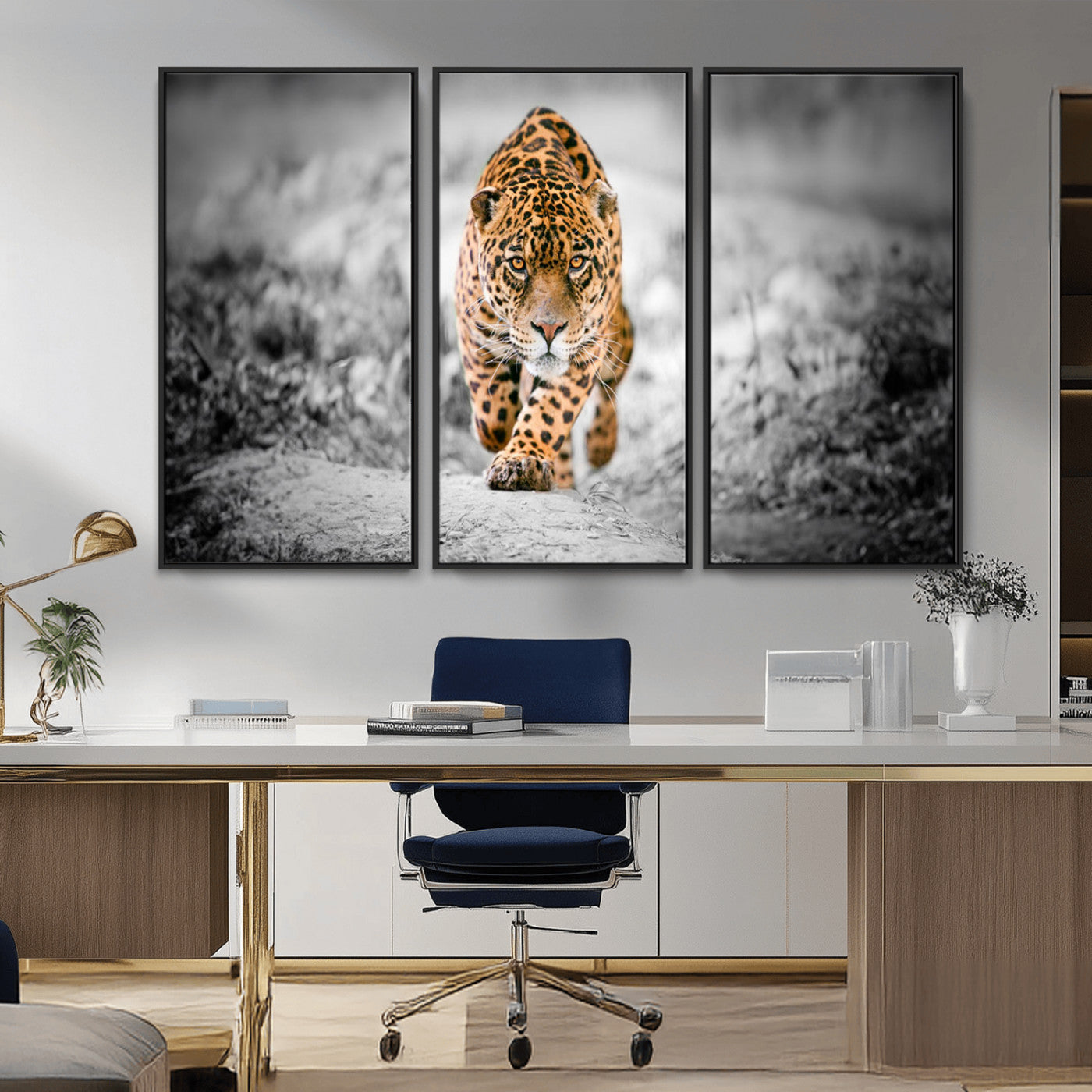 MGV-FC-48X32-3P - Jaguar Wall Art Canvas Print - Majestic Big Cat in Focused Pursuit - Ready to Hang