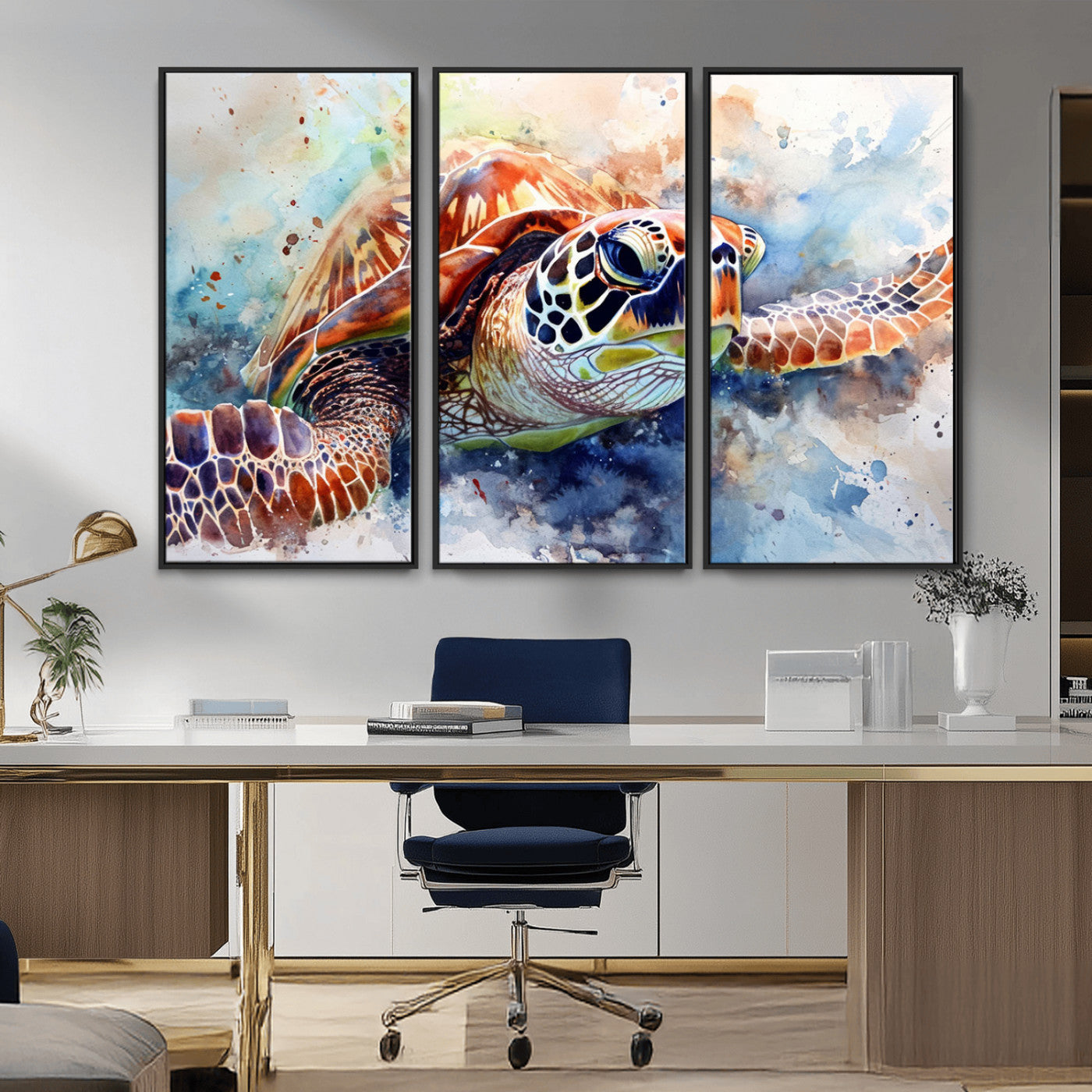 MGV-FC-48X32-3P - Watercolor Sea Turtle Wall Art Canvas Print - Vibrant Ocean Colors in Watercolor Style - Ready to