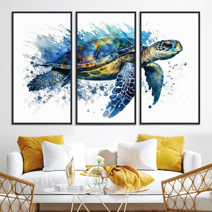A living room features an eco-friendly inks sea turtle art print from [Keyword] Canvas Wall Art.