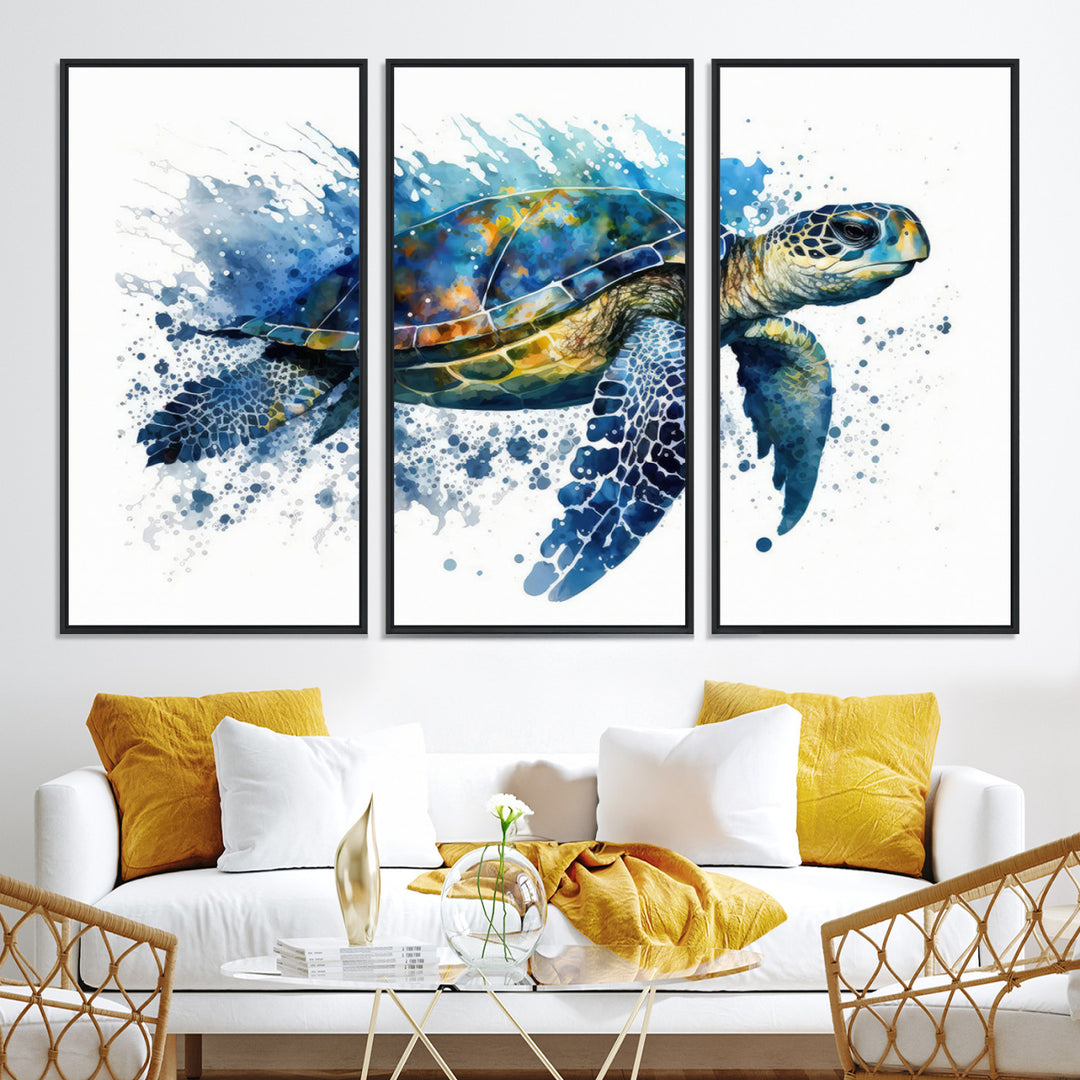 The Turtle Wall Art Print, featuring blue splashes, beautifully showcases Ocean Life.