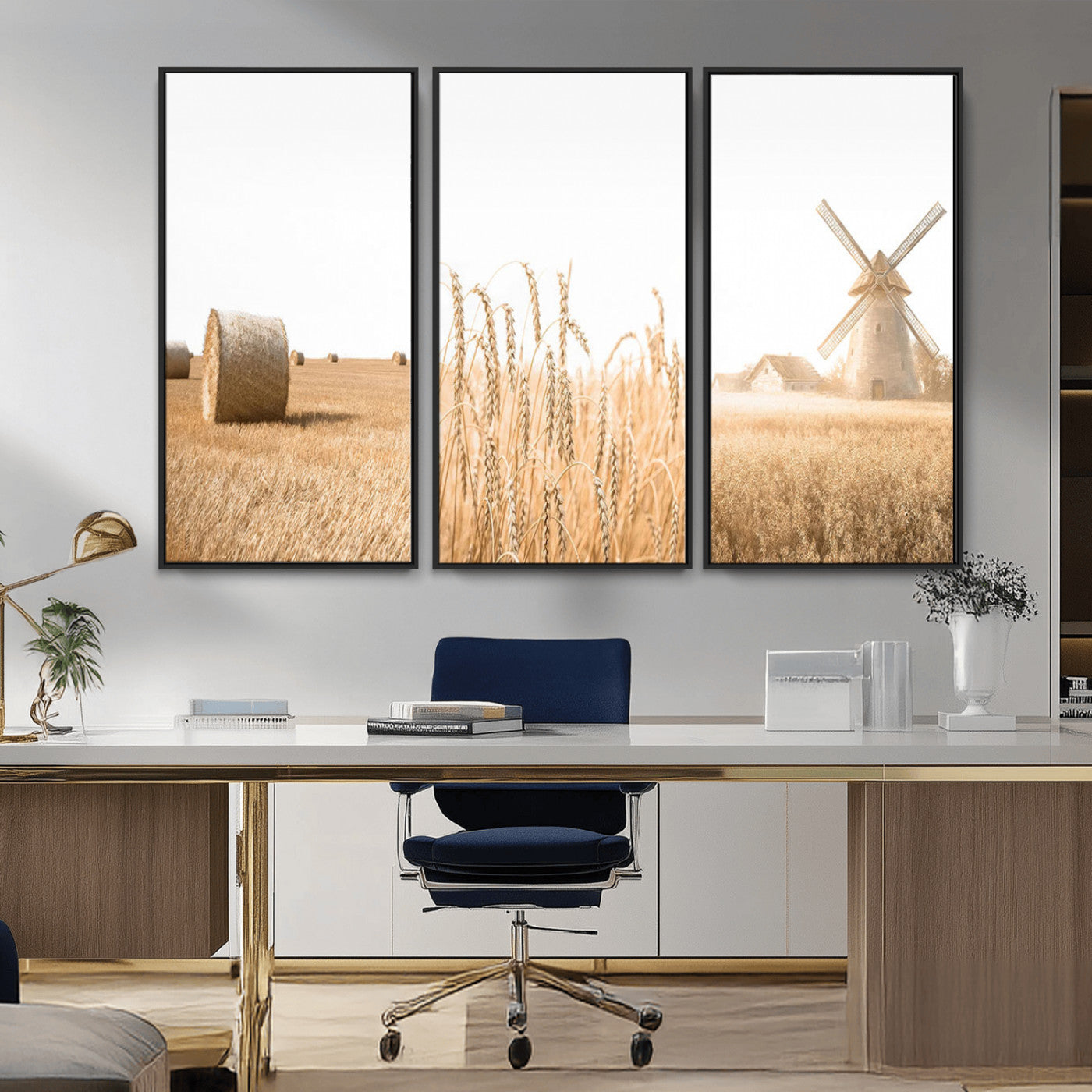 MGV-FC-48X32-3P - Vintage Farmhouse Triptych Wall Art – Giclée Canvas Featuring Wheat Fields, Hay Bales, and a