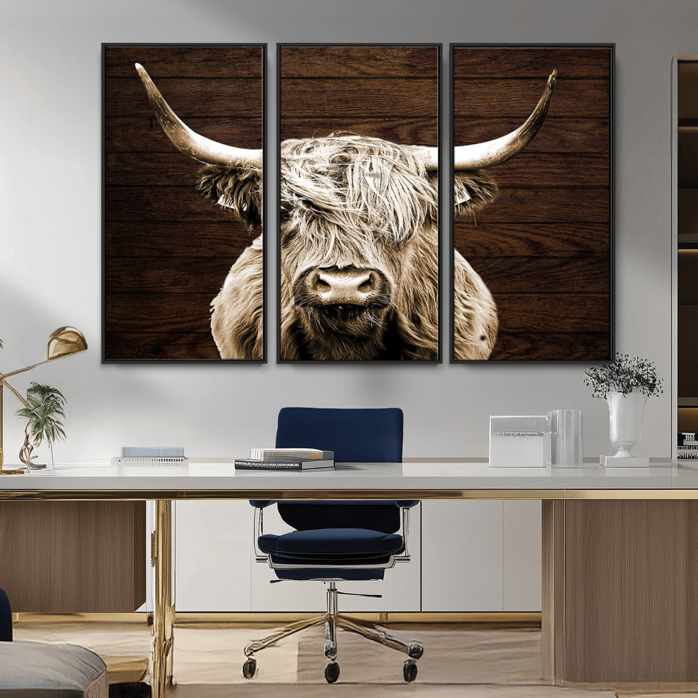 MGV-FC-48X32-3P - Highland Cow Wall Art Canvas Print, Rustic Farmhouse Decor, Majestic Scottish Highland Bull Portrait