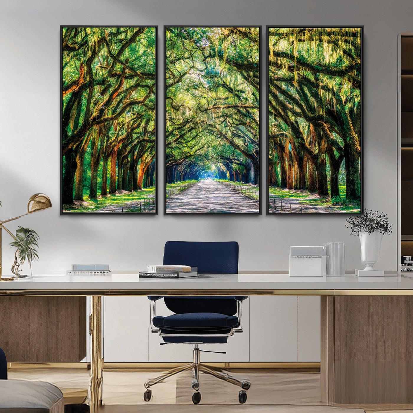 MGV-FC-48X32-3P - Serene Tree Tunnel Wall Art Canvas Print – Pathway Under Canopy of Lush Green Trees, Nature-Inspired