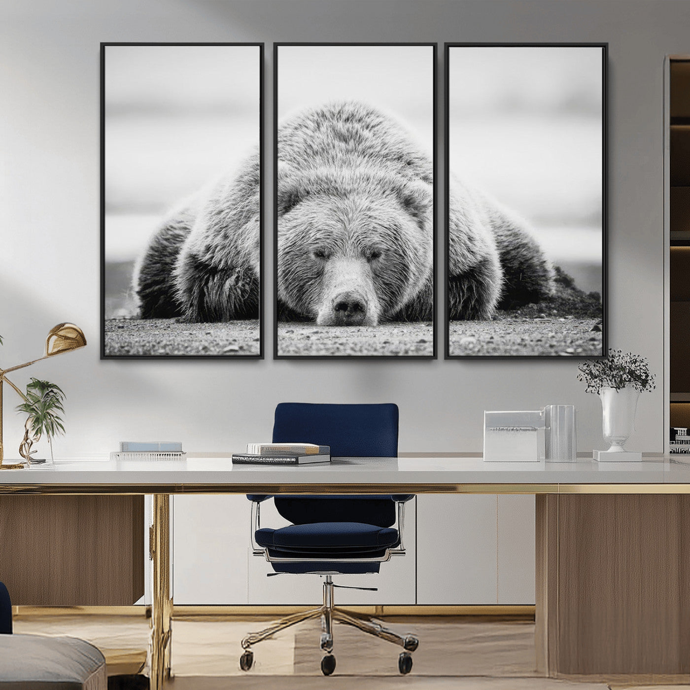 MGV-FC-48X32-3P - Resting Grizzly Bear Wall Art Canvas Print – Majestic Lazy Black and White Wildlife Bear Art,