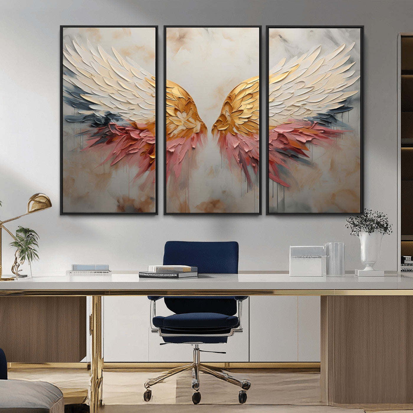 MGV-FC-48X32-3P - Golden Angel Wings Wall Art Canvas Print – Stunning Abstract Winged Art for Elegant Home Decor –