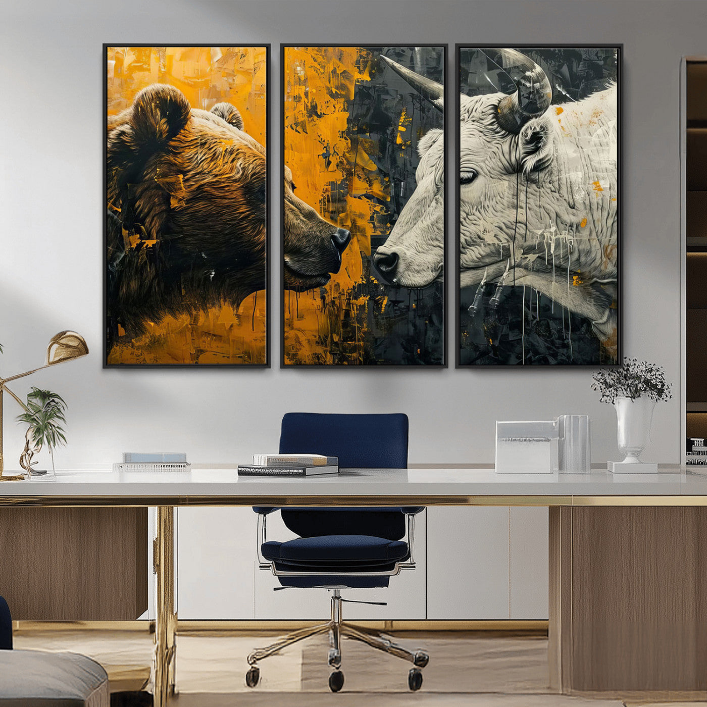 MGV-FC-48X32-3P - Bear and Bull Wall Art Canvas Print – Abstract Animal Portrait Painting for Modern Home Decor –