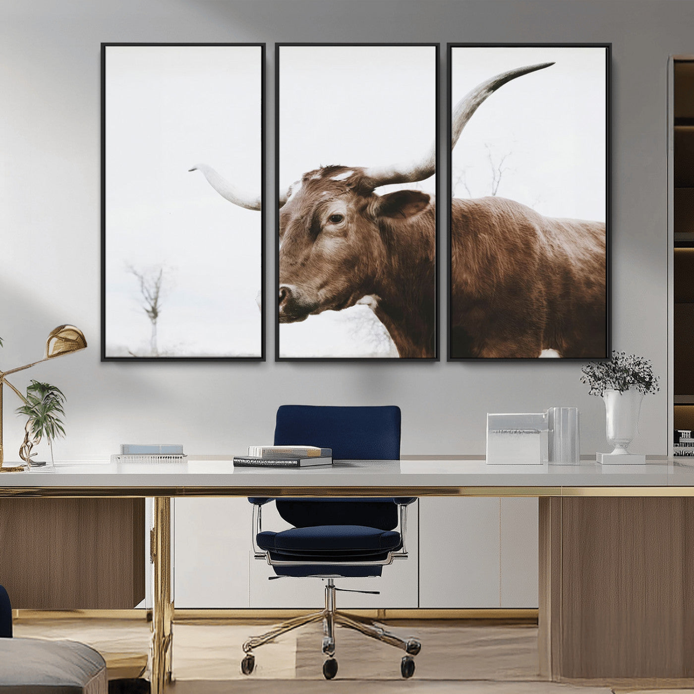 MGV-FC-48X32-3P - Rustic Bull Wall Art Canvas Print – Modern Longhorn Farmhouse Animal Decor – Abstract Farm Cow