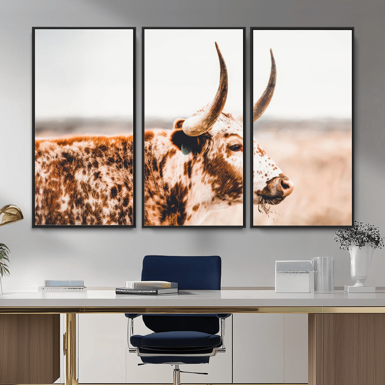 MGV-FC-48X32-3P - Speckled Bull Wall Art Canvas Print – Rustic Cow Longhorn Farmhouse Animal Decor – Western Longhorn
