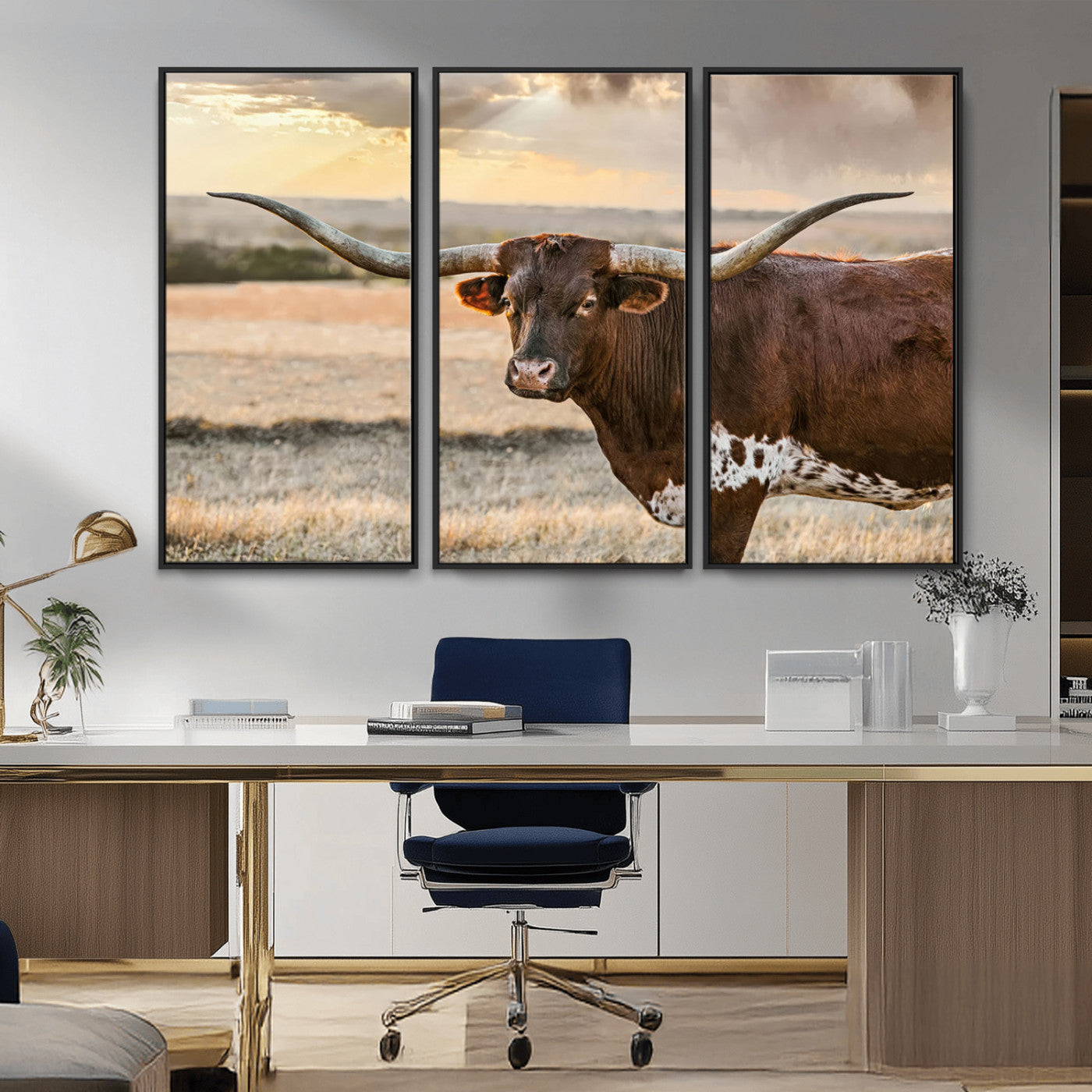 MGV-FC-48X32-3P - Texas Longhorn Wall Art Canvas Print, Rustic Ranch Decor, Majestic Western Longhorn Cattle