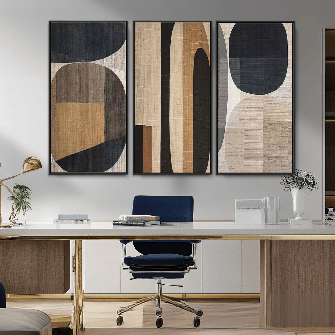 MGV-FC-48X32-3P - Abstract Minimalist Canvas Wall Art - Neutral Geometric Modern Boho Decor, Minimalist Brown Wabi