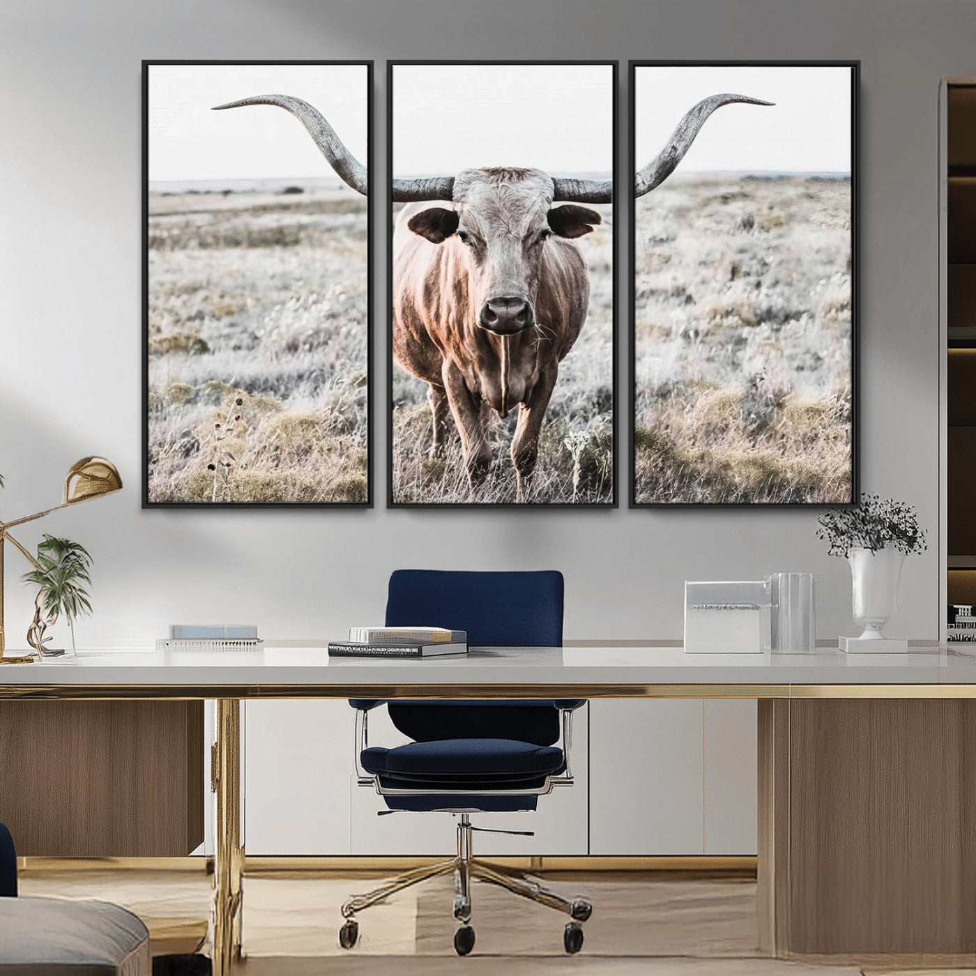 26121-MGV-FC-48X32-3P_Black-Rustic Texas Longhorn Wall Art Canvas Print | Western Farmhouse Decor for Living Room or Office,