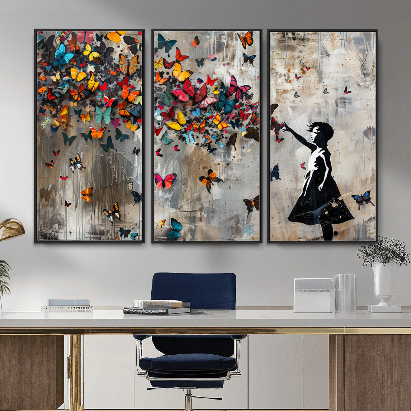 40269-MGV-CV-36X24 - Banksy Wall Art - Banksy Girl and Butterfly Explosion Wall Art Canvas Print | Girl with Butterflies