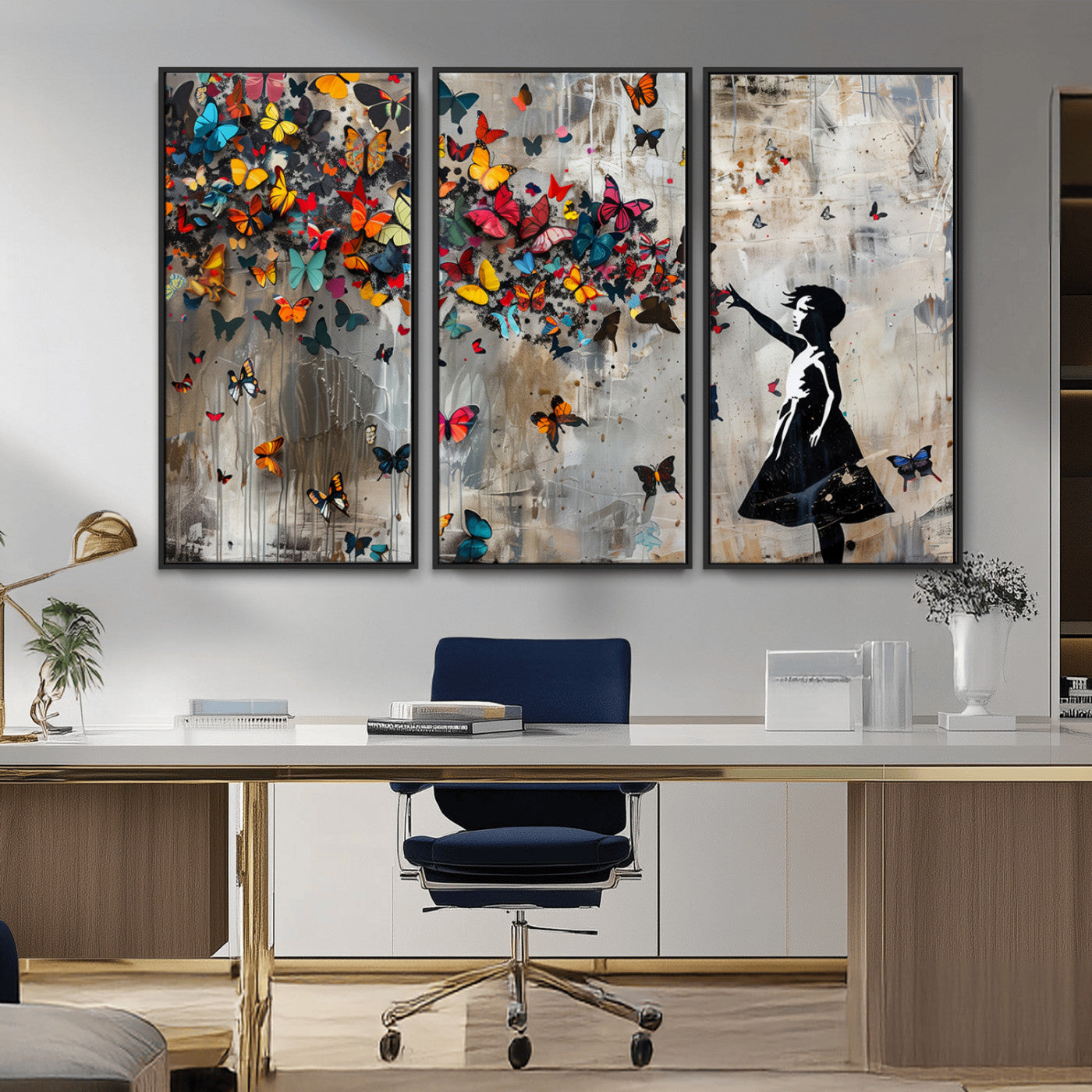 MGV-FC-48X32-3P - Banksy Wall Art - Banksy Girl and Butterfly Explosion Wall Art Canvas Print | Girl with Butterflies