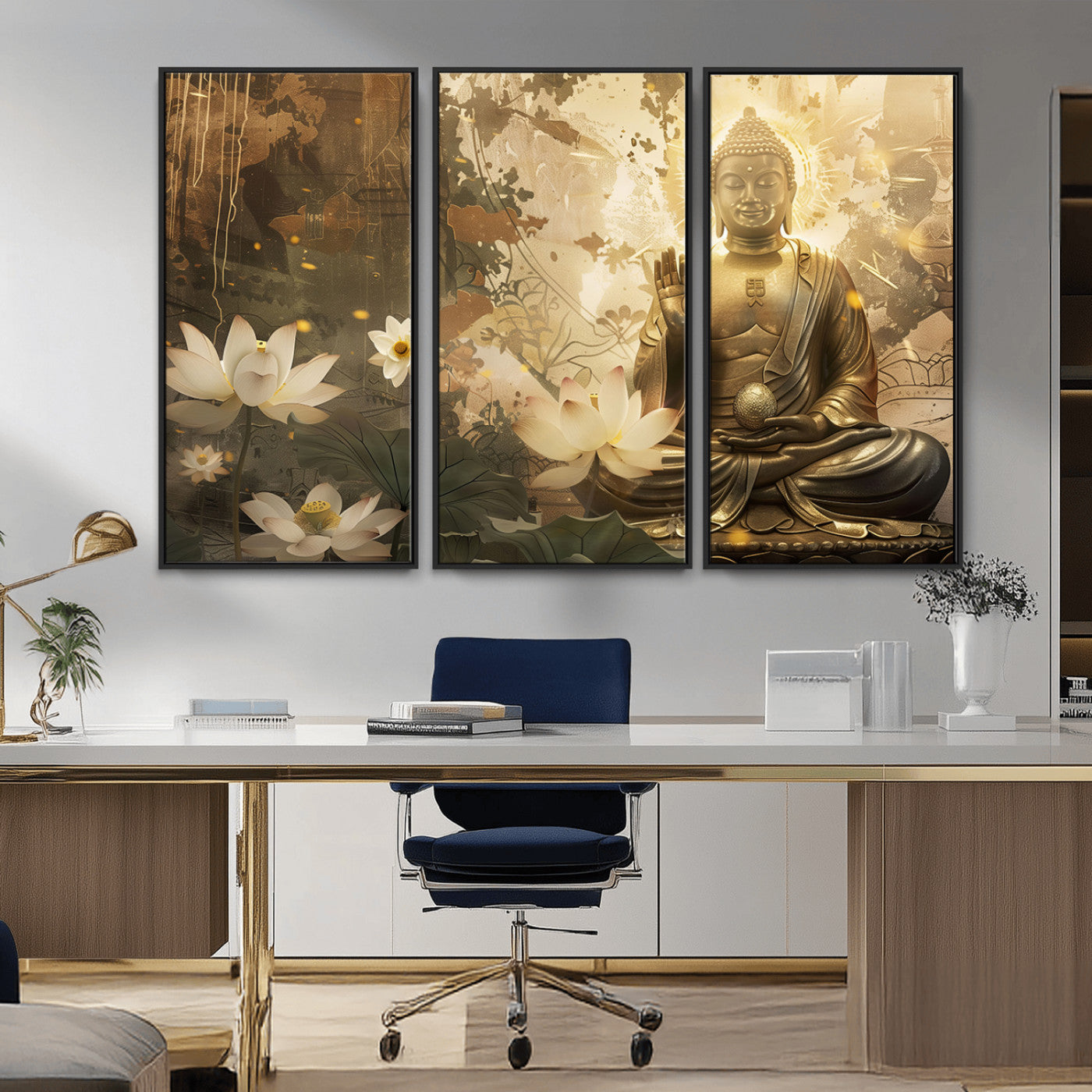 MGV-FC-48X32-3P - Zen Buddha Wall Art Canvas Print | Peaceful Meditation Decor with Lotus Flowers | Spiritual Serenity
