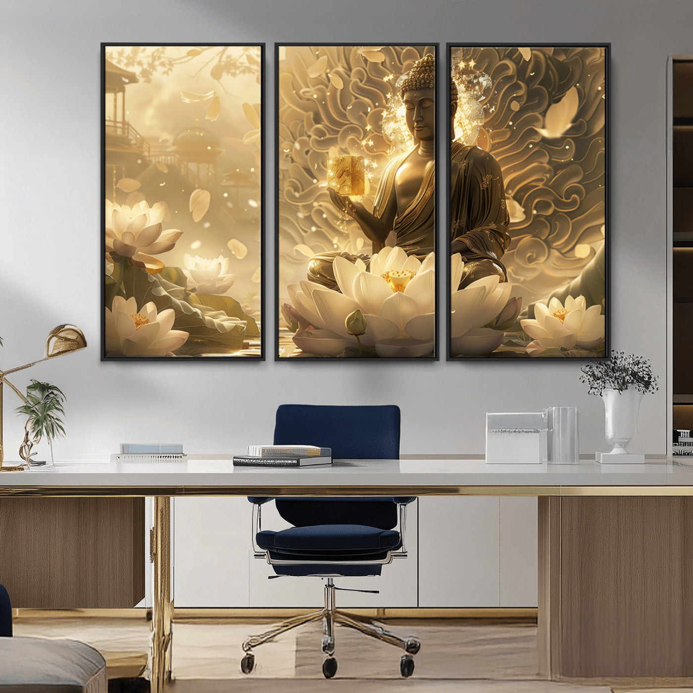 MGV-FC-48X32-3P - Golden Buddha Wall Art | Yoga Room Decor and Meditation Room Wall Art | Framed and Ready to Hang