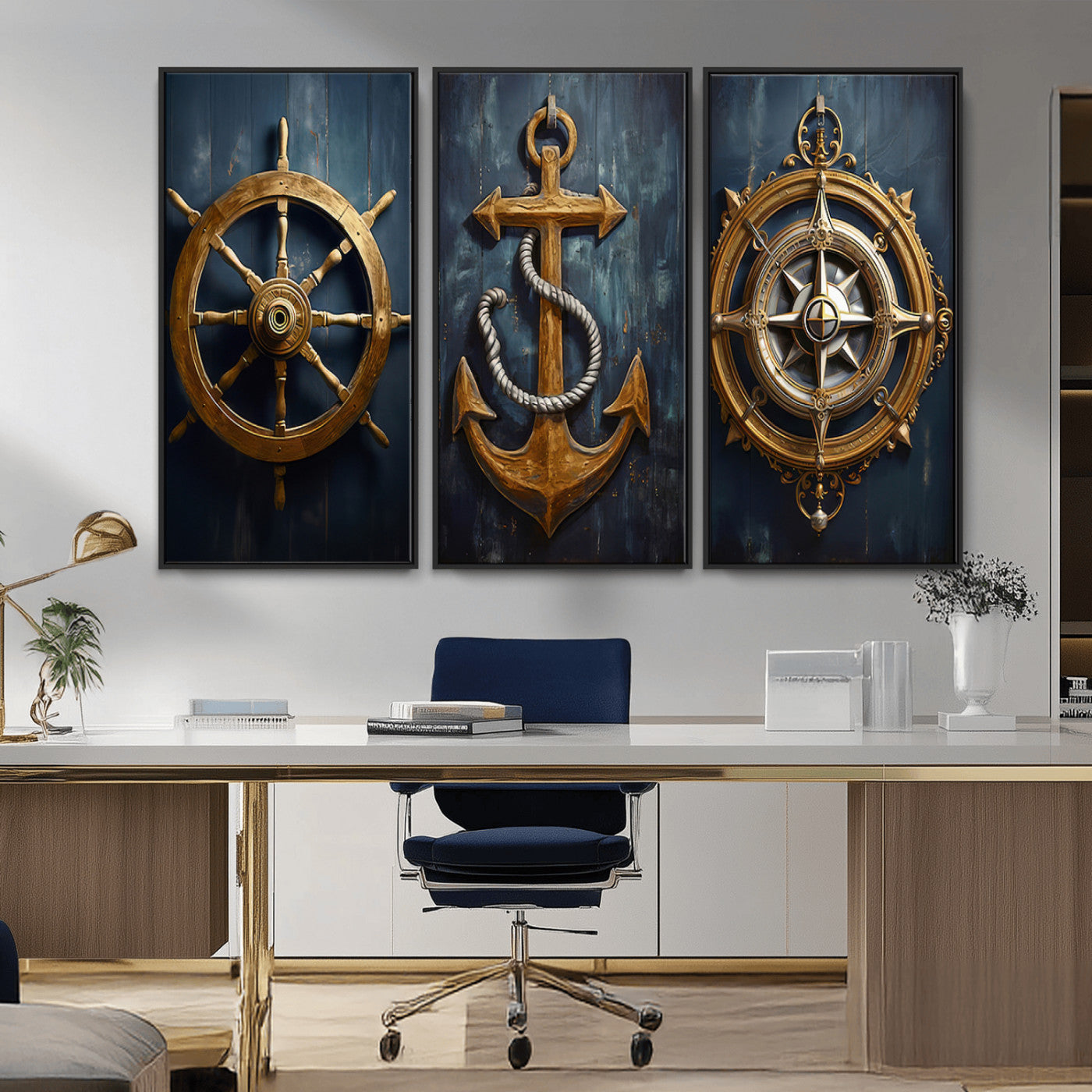 MGV-FC-48X32-3P - Boat Anchor Compass With Rope Wall Art Canvas Print | Beach House Wall Art