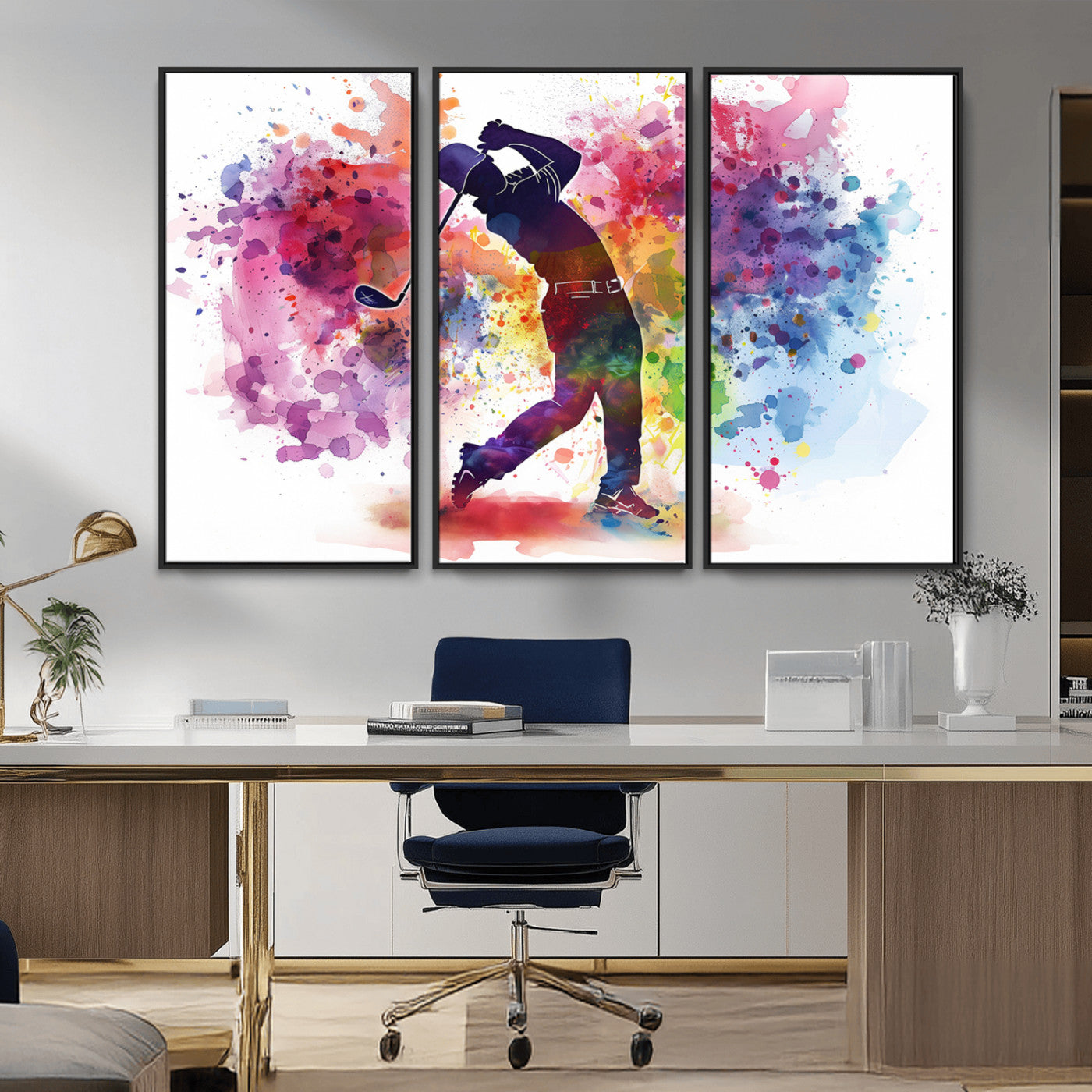 MGV-FC-48X32-3P - Colorful Golfer Swing Wall Art Canvas Print - Ready to Hang, Framed Sports Decor