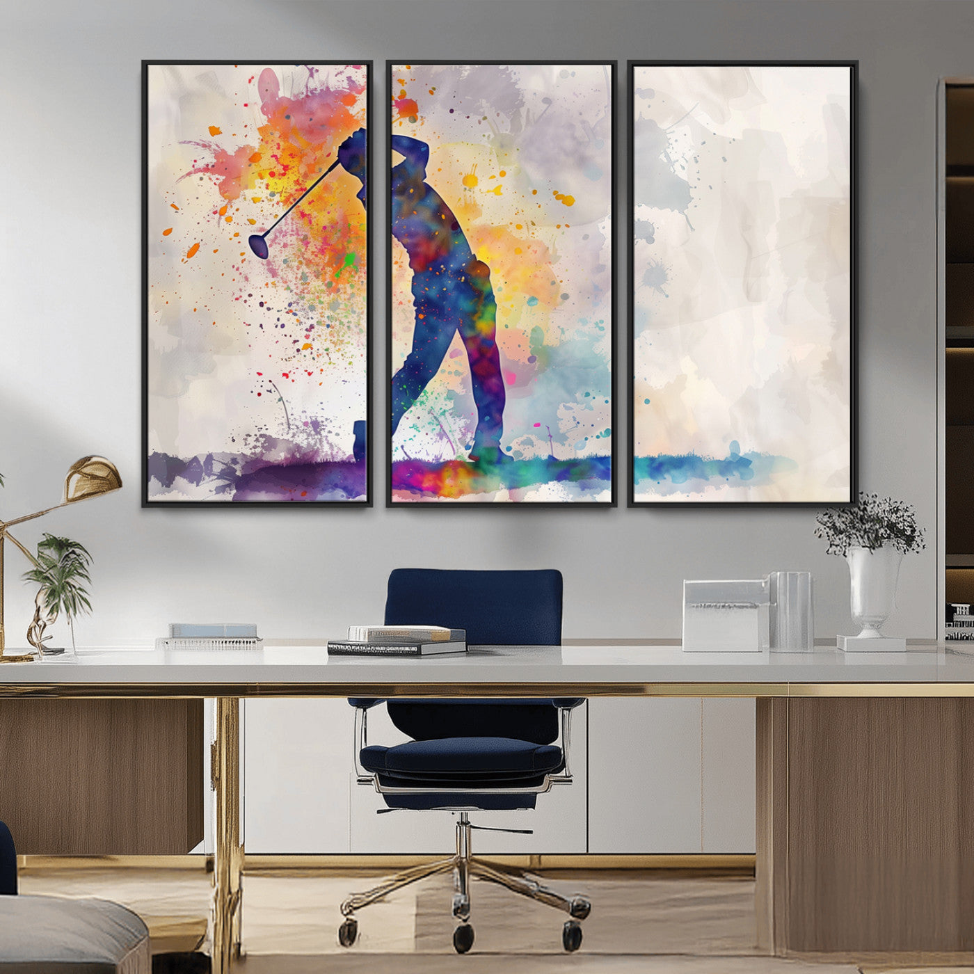MGV-FC-48X32-3P - Watercolor Golf Swing Wall Art Canvas Print | Vibrant Abstract Golf Player Silhouette |