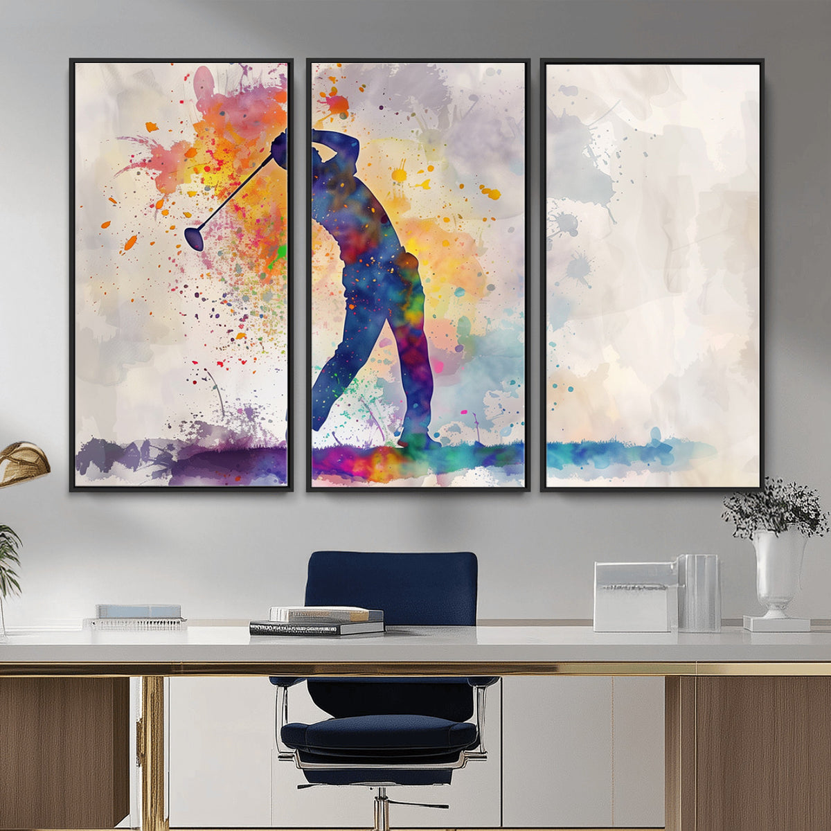 89625-MGV-CV-36X24 - Vibrant Watercolor Golf Swing Wall Art Canvas Print | Extra Large 3 Piece Canvas Wall Art