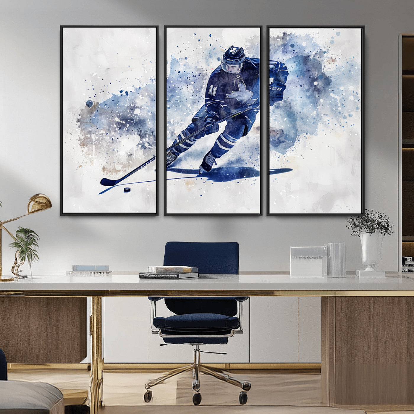 MGV-FC-48X32-3P - Hockey Player Wall Art Canvas Print - Sports-Inspired Watercolor Decor - Ready to Hang