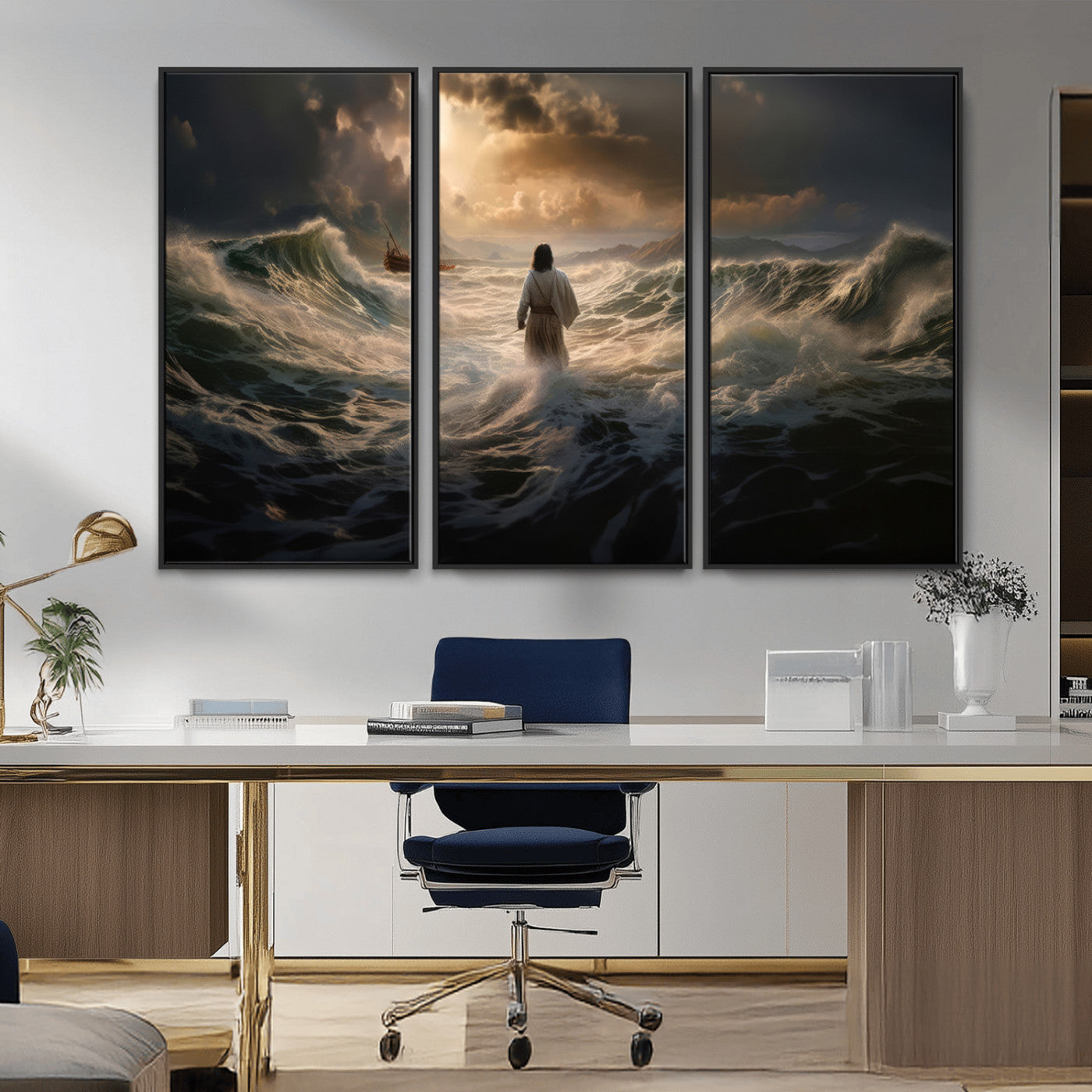 MGV-FC-48X32-3P - Jesus Walking on Water Wall Art Canvas Print - Religious Spiritual Decor - Jesus Wall Art Canvas