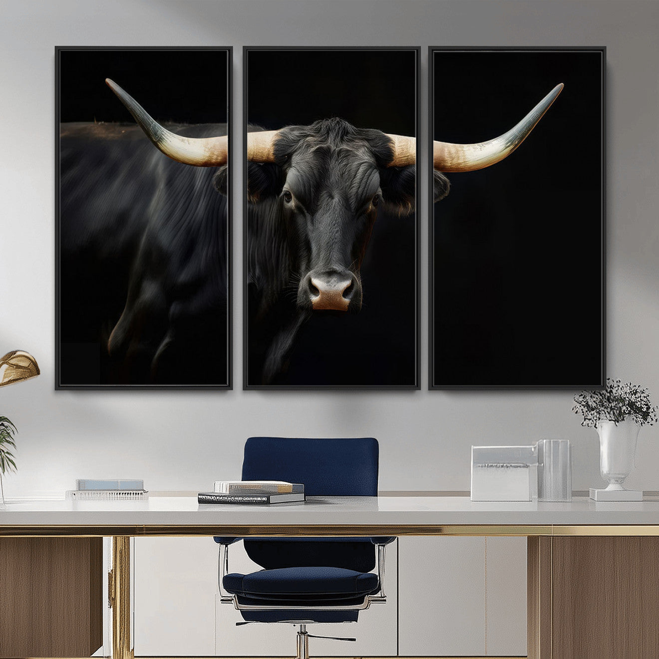 63798-MGV-CV-36X24 - Texas Longhorn Cow | Majestic Black Bull Wall Art Canvas Print - Farmhouse Animal Decor - Ready to