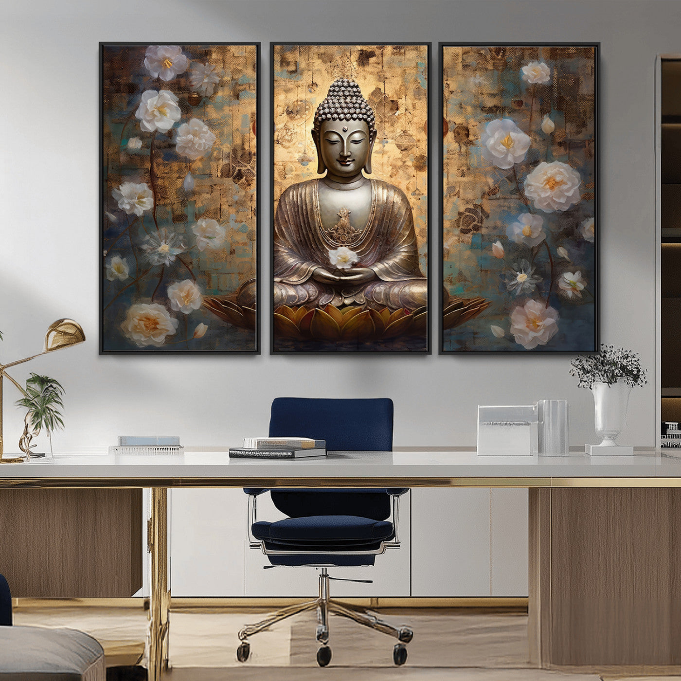 MGV-FC-48X32-3P - Golden Buddha Wall Art Canvas Print | Zen Meditation Floral Decor | Tranquil Spiritual Home Art |