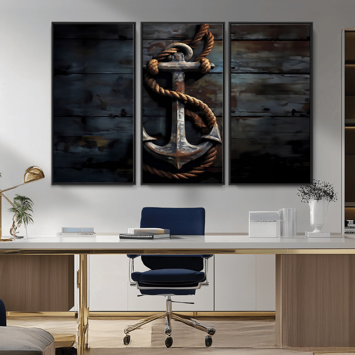 MGV-FC-48X32-3P - 3 Panel Grunge Abstract Anchor Wall Art Canvas Print Set