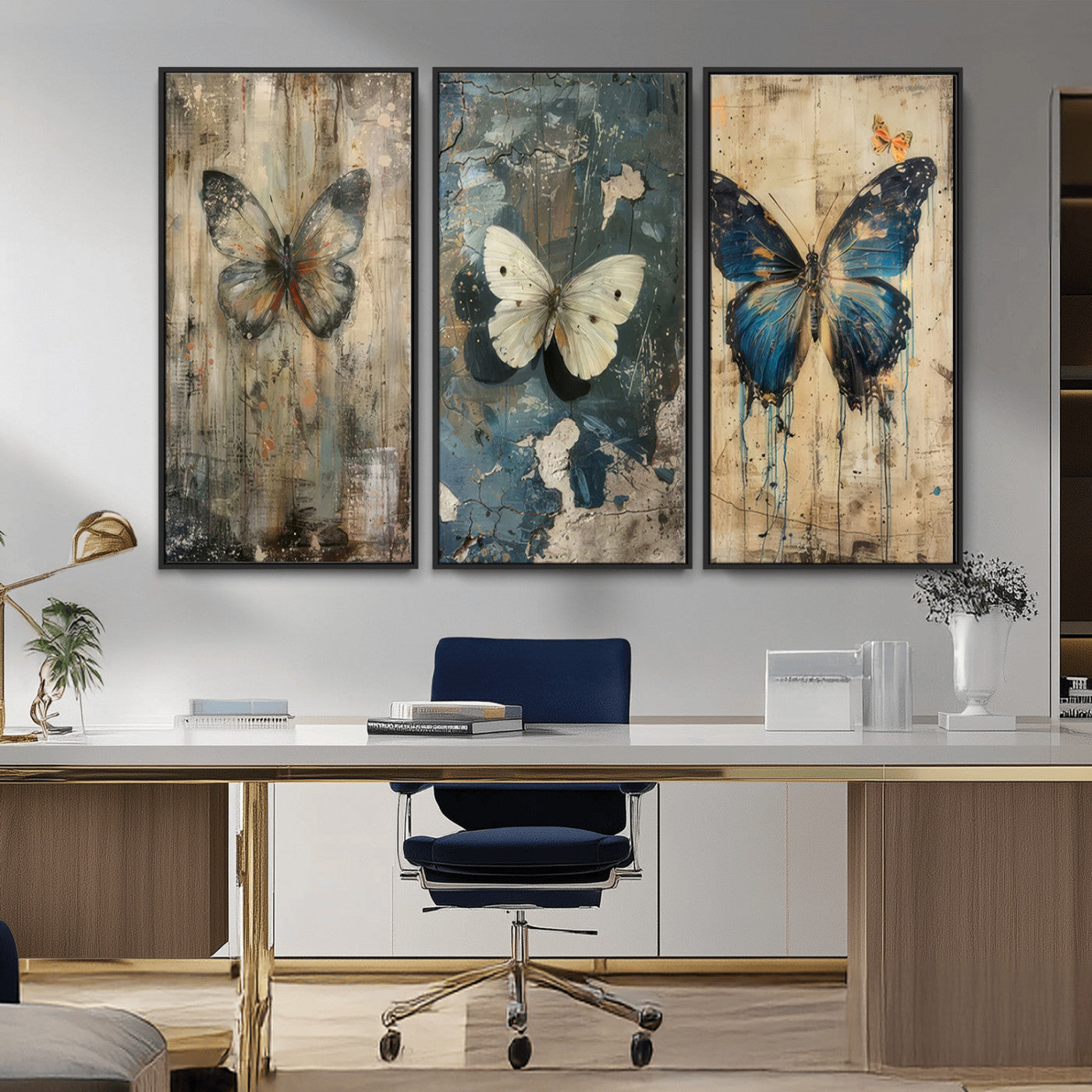 MGV-FC-48X32-3P - Butterfly Wall Art Trio | Vintage Butterfly Canvas Print | Ready to Hang Framed Artwork for