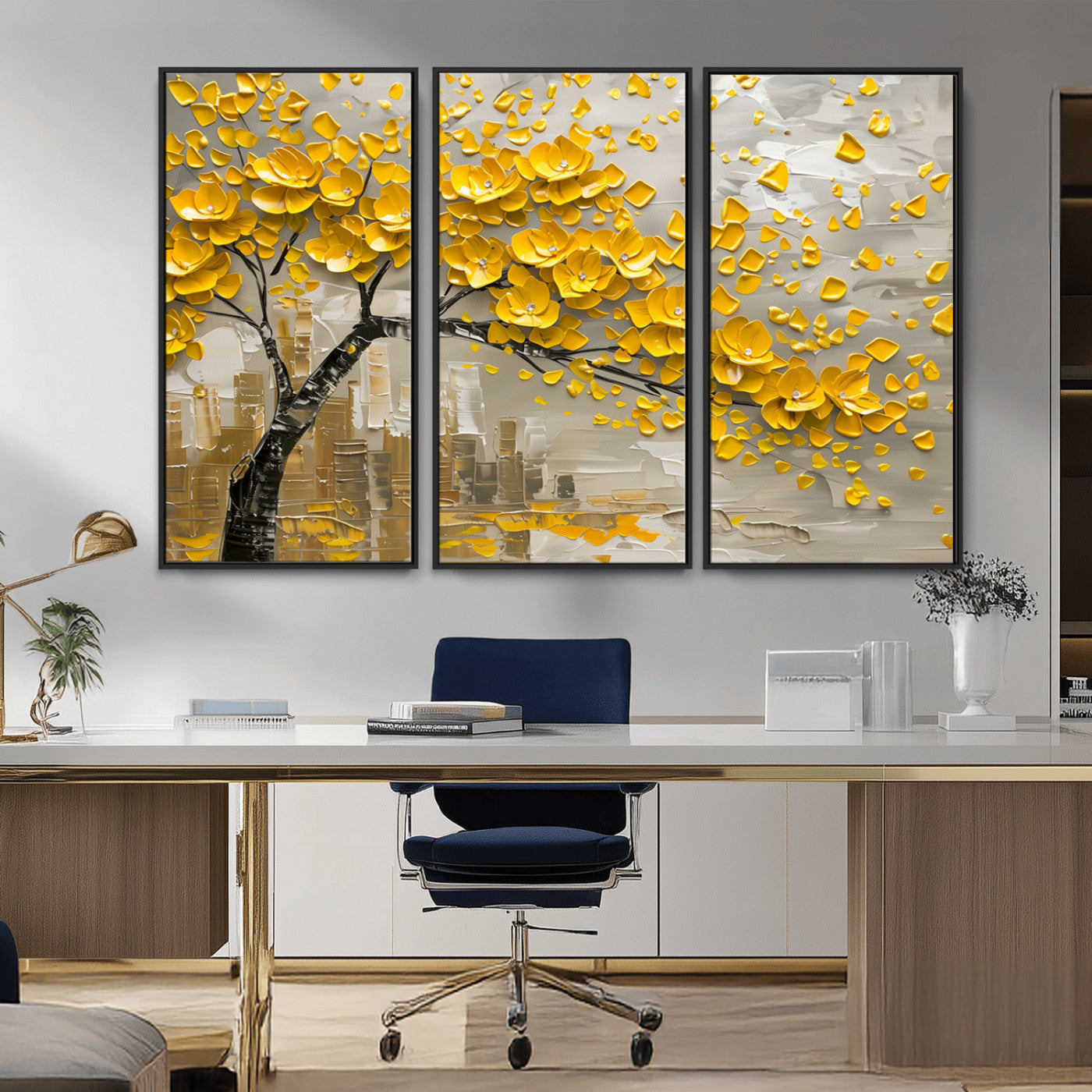 MGV-FC-48X32-3P - Yellow Blossom Tree Canvas Wall Art - Floral Abstract Modern Contemporary Artwork for Living Room or