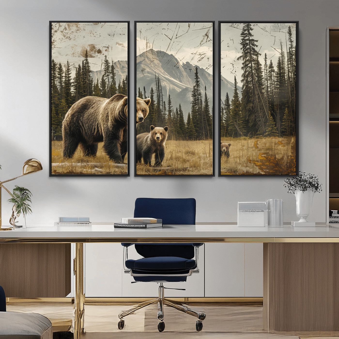 MGV-FC-48X32-3P - Rustic Grizzly 399 Bear Family Wall Art Canvas Print
