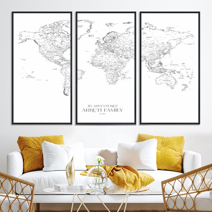 Personalized World Map Wall Art Canvas Print - Custom Push Pin Travel Map Canvas - Framed Map Print for Travel Lover Gift