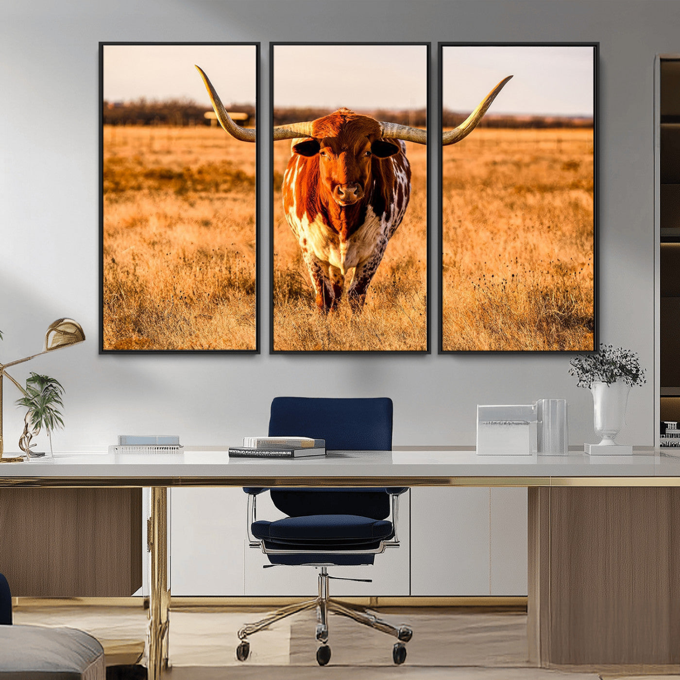 MGV-FC-48X32-3P - Longhorn Cow Wall Art | Ready to Hang Framed Canvas Print for Farmhouse and Barn Decor