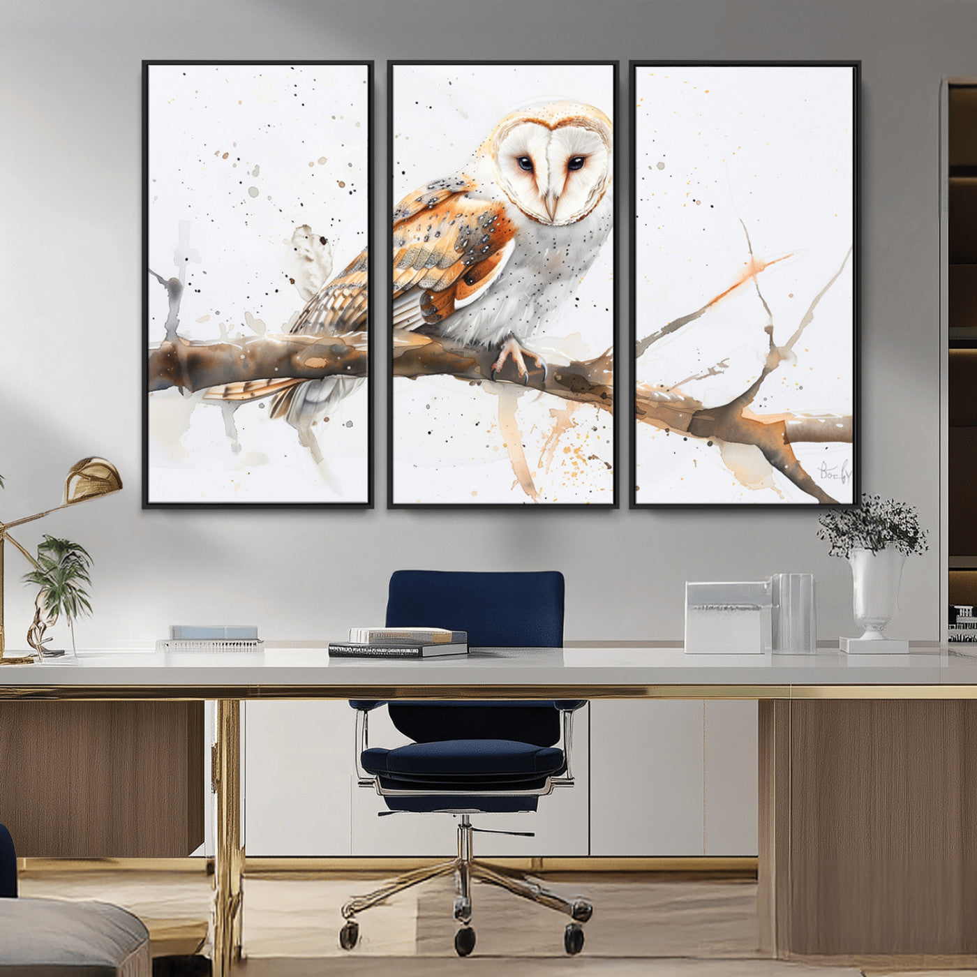 MGV-FC-48X32-3P - Barn Owl Wall Art on Branch | Stunning Canvas Print for Nature Lovers | Ready to Hang and Framed