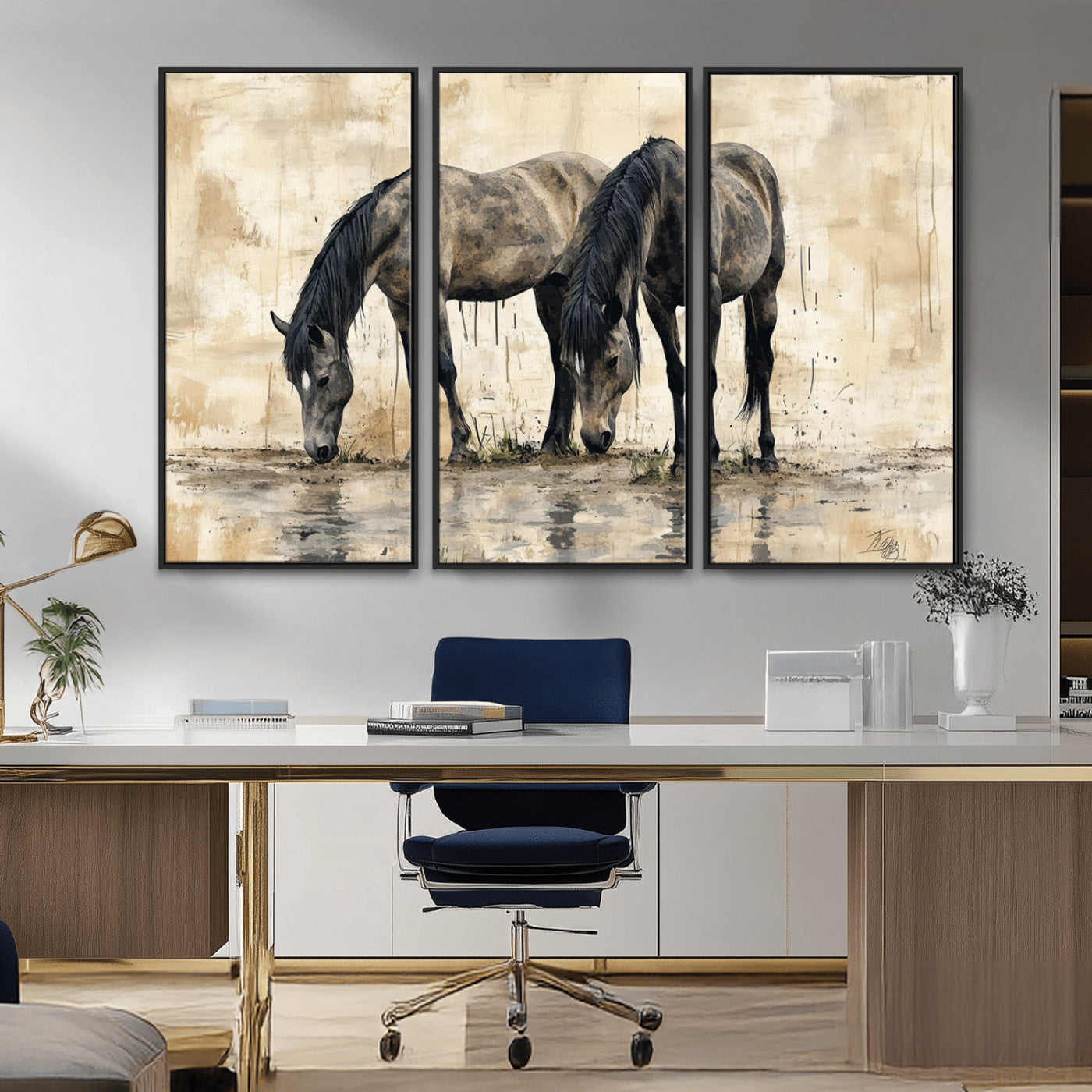 MGV-FC-48X32-3P - Chinese Style Abstract Black Horses Wall Art Canvas Print - Abstract Horse Wall Art Canvas Print