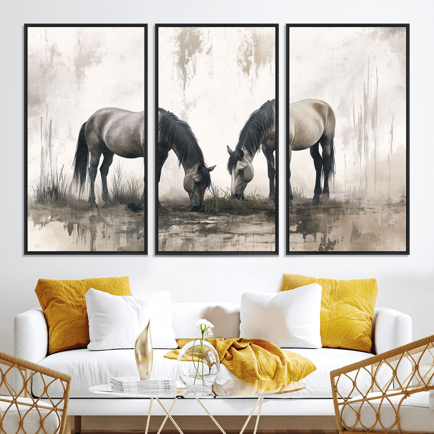 35494-MGV-CV-36X24-Chines Ink Style Vintage Horses Wall Art Canvas Print for Farmhouse Wall Decor