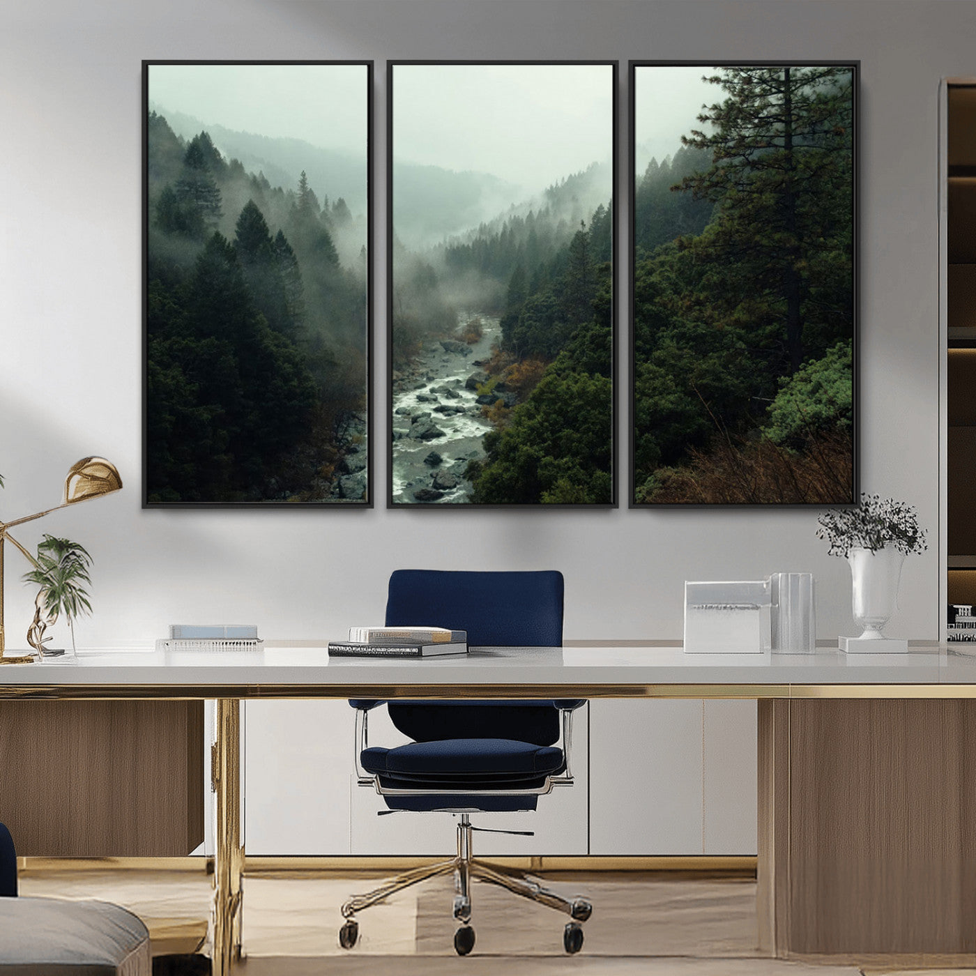 MGV-FC-48X32-3P - Misty Forest Wall Art | Ready to Hang and Framed | Tranquil Nature Landscape for Living Room or