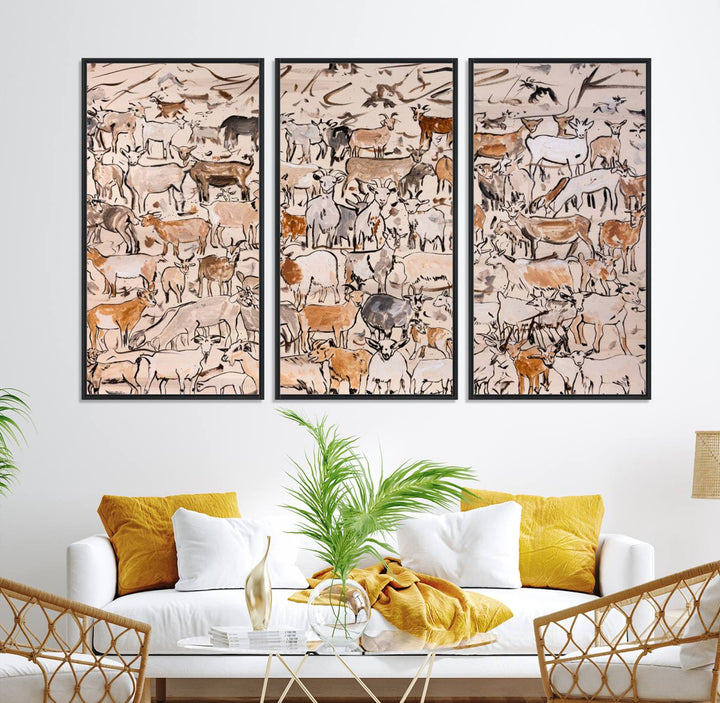 Framed Goat Herd Wall Art in minimal brush strokes on a beige backdrop, ideal for farmhouse or cabin decor.