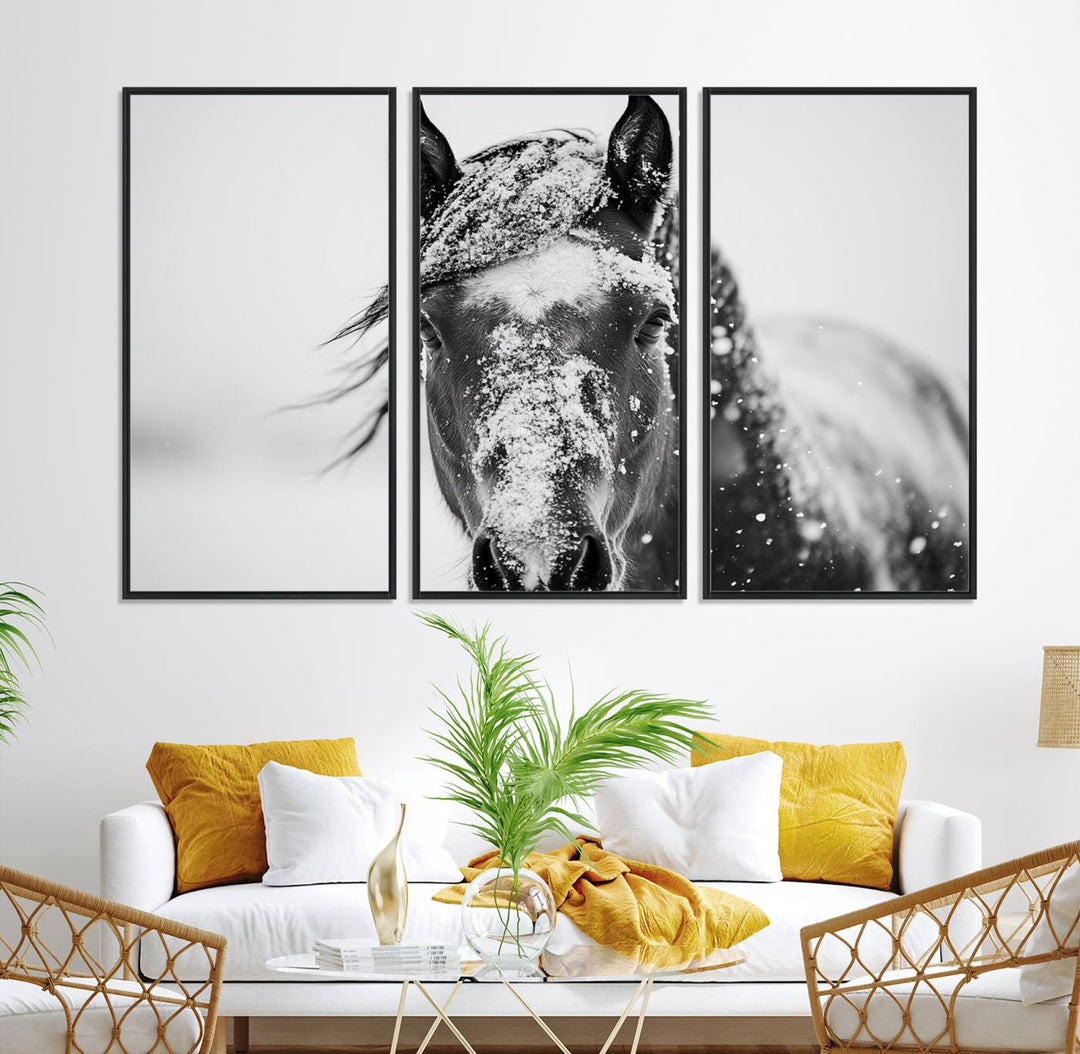 This black and white winter horse wall art enhances any decor; it is ready to hang and framed for a farmhouse or Western style.