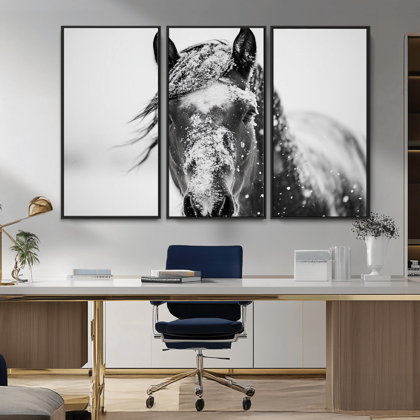 MGV-FC-48X32-3P - Western Wall Art | Black and White Winter Horse Wall Art | Ready to Hang and Framed | Farmhouse and